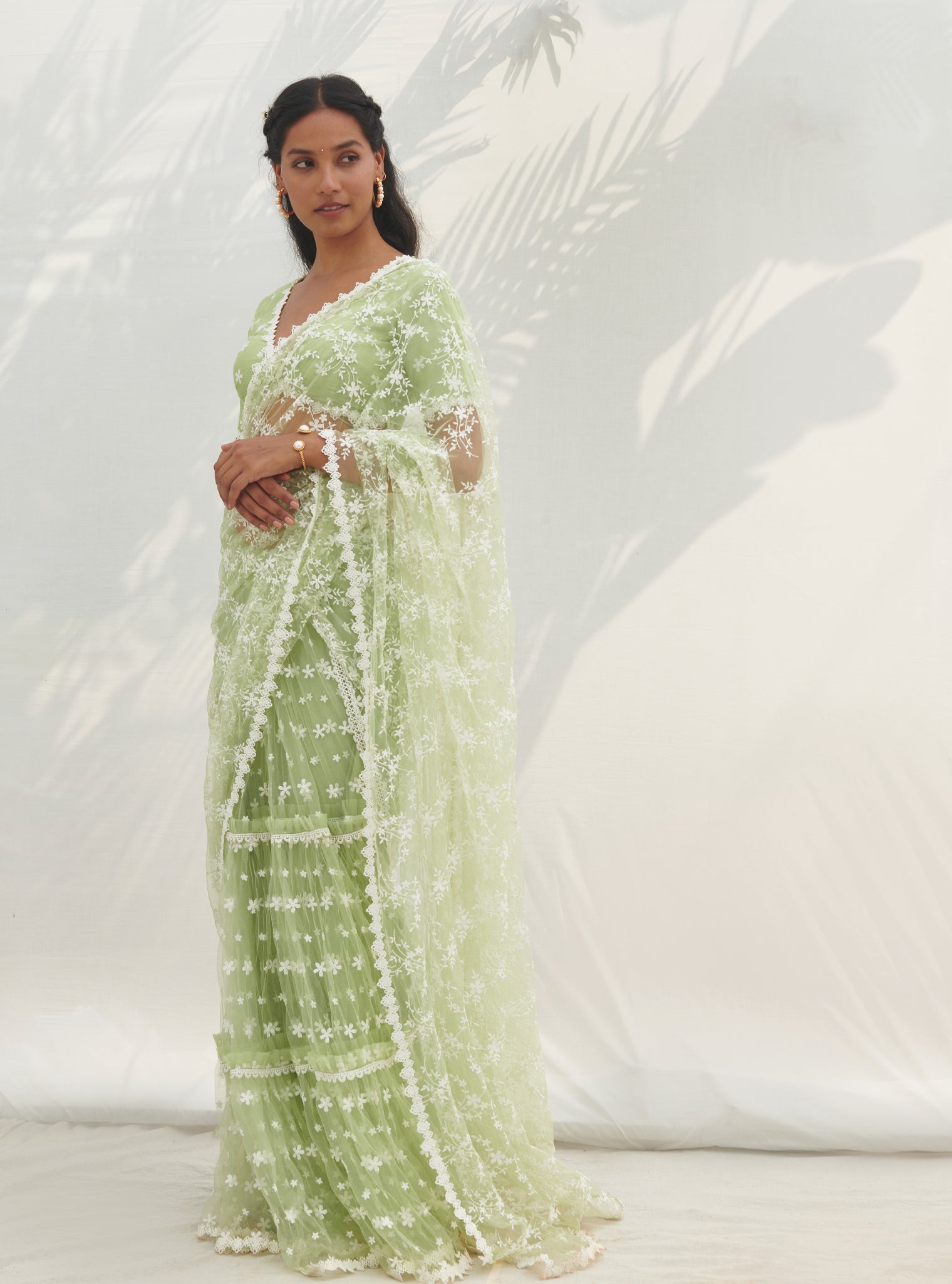 Mulmul Net Mayna Green Saree