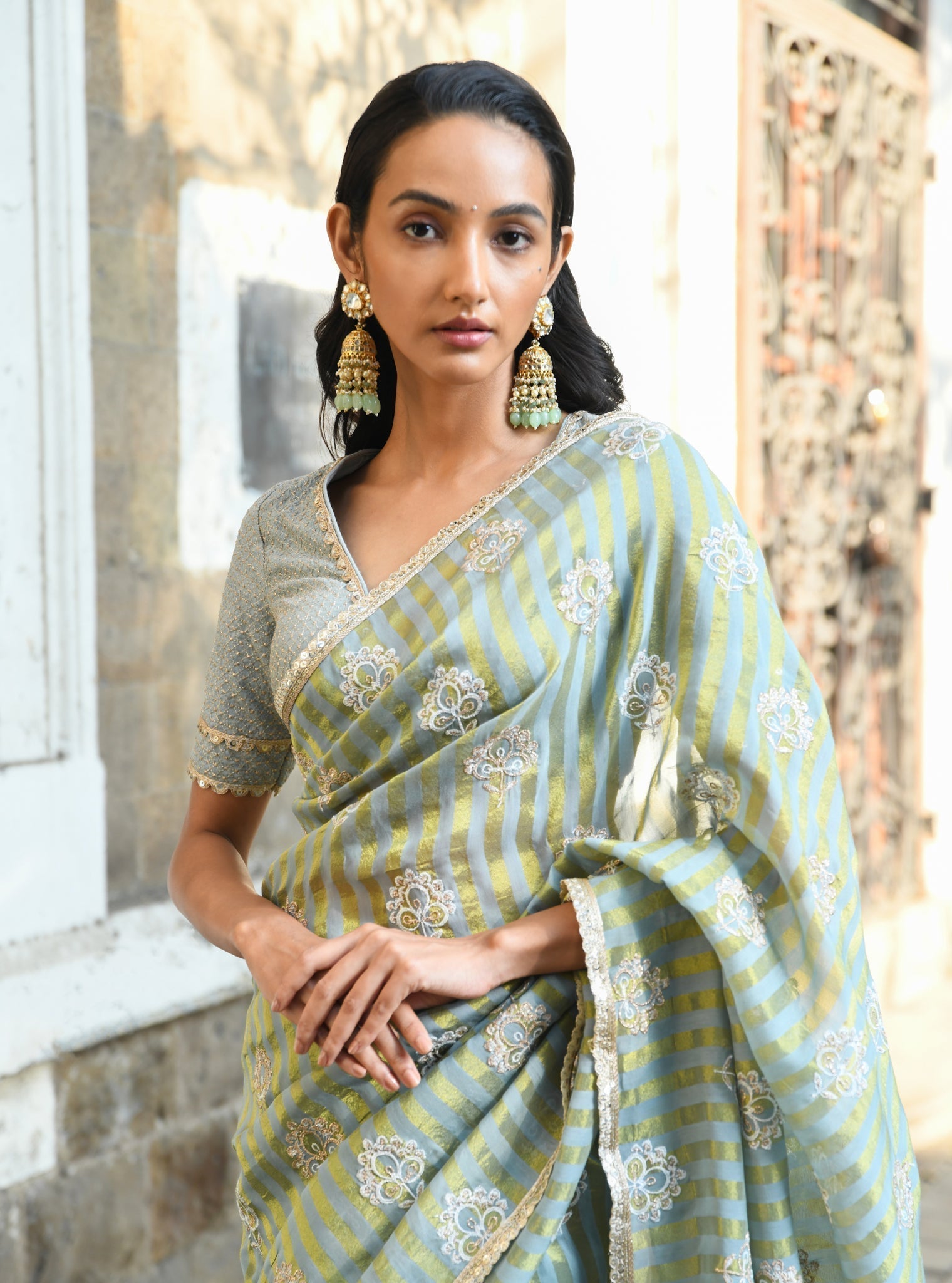 Mangni Banarsi Luxe Tissue Light Blue Saree
