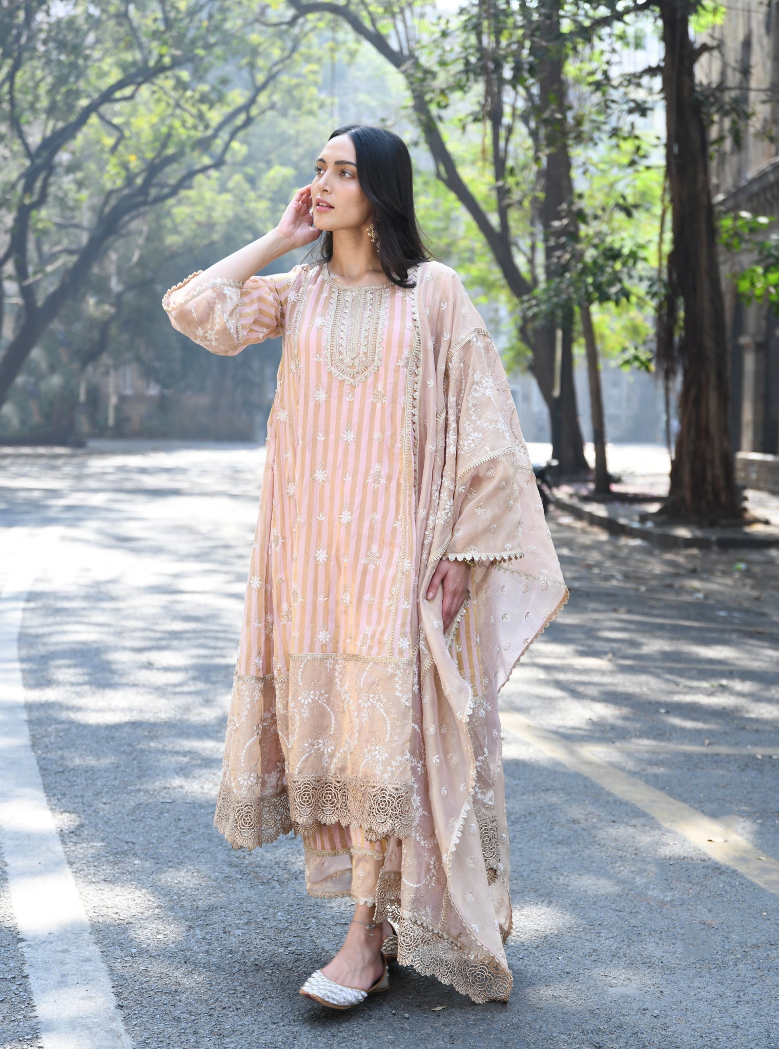 Mulmul Banarsi Kesar Light Pink Anarkali Kurta With Mulmul Banarsi Kesar Light Pink Pant