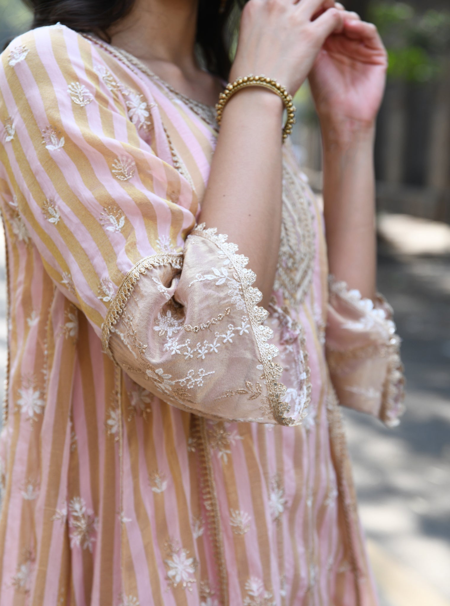 Mulmul Banarsi Kesar Light Pink Anarkali Kurta With Mulmul Banarsi Kesar Light Pink Pant