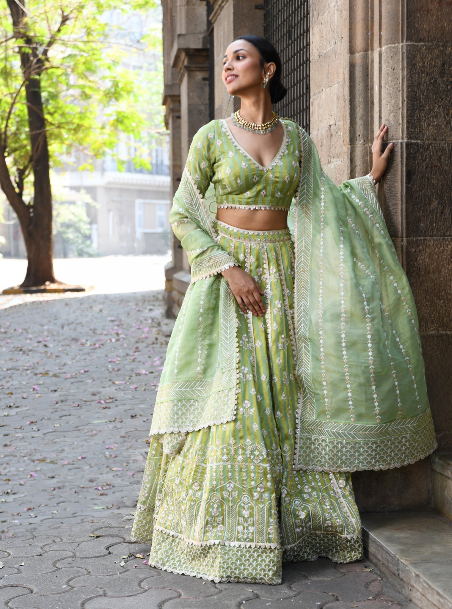 Mulmul Banarsi Sindhuri Green Lehenga