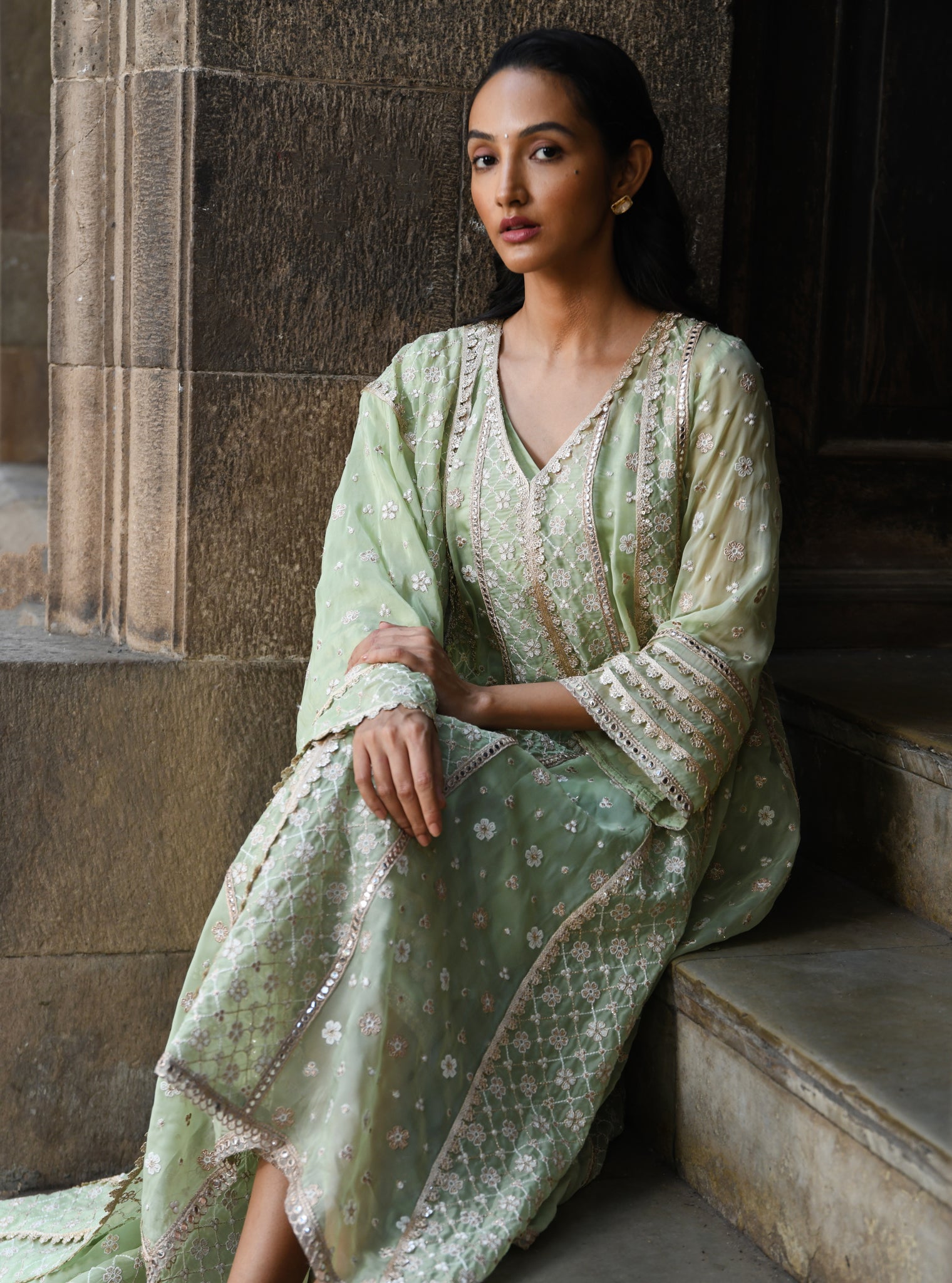 Mulmul Organza Palmer Green Anarkali Kurta With Mulmul Pima Palmer Green Pant