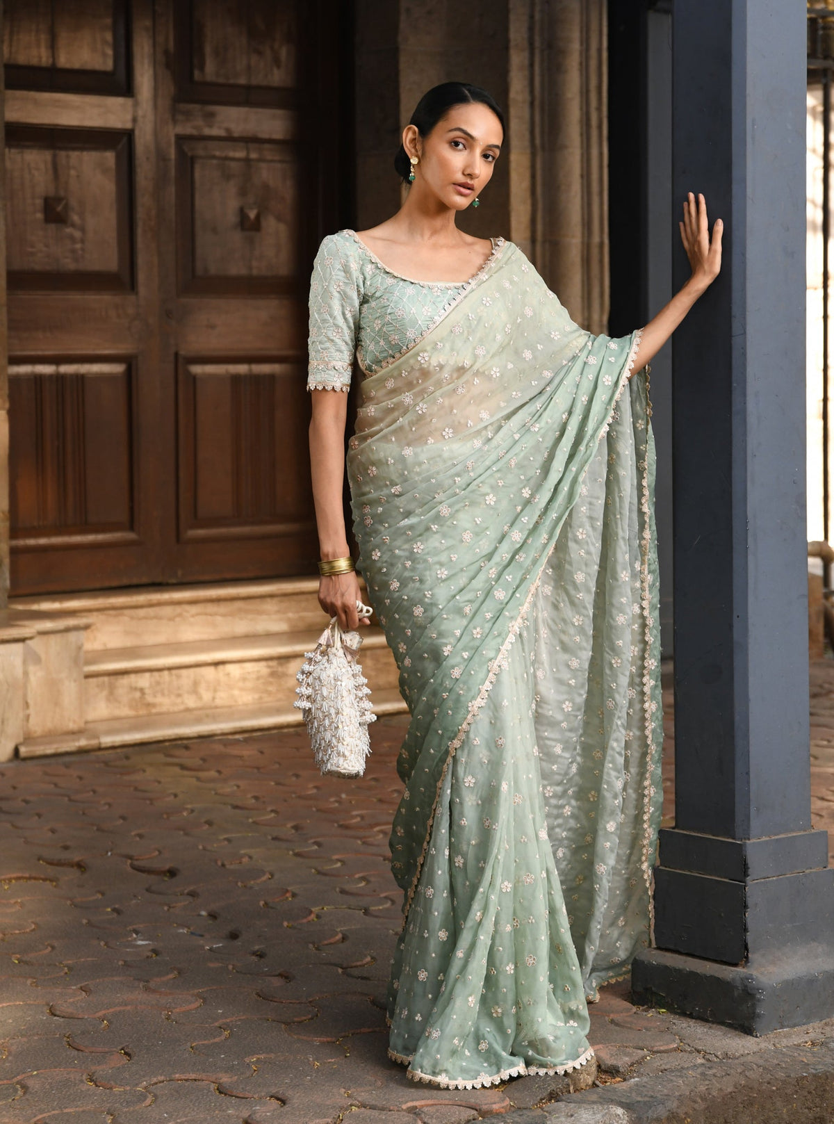 Priyur Organza Ombre Green Saree