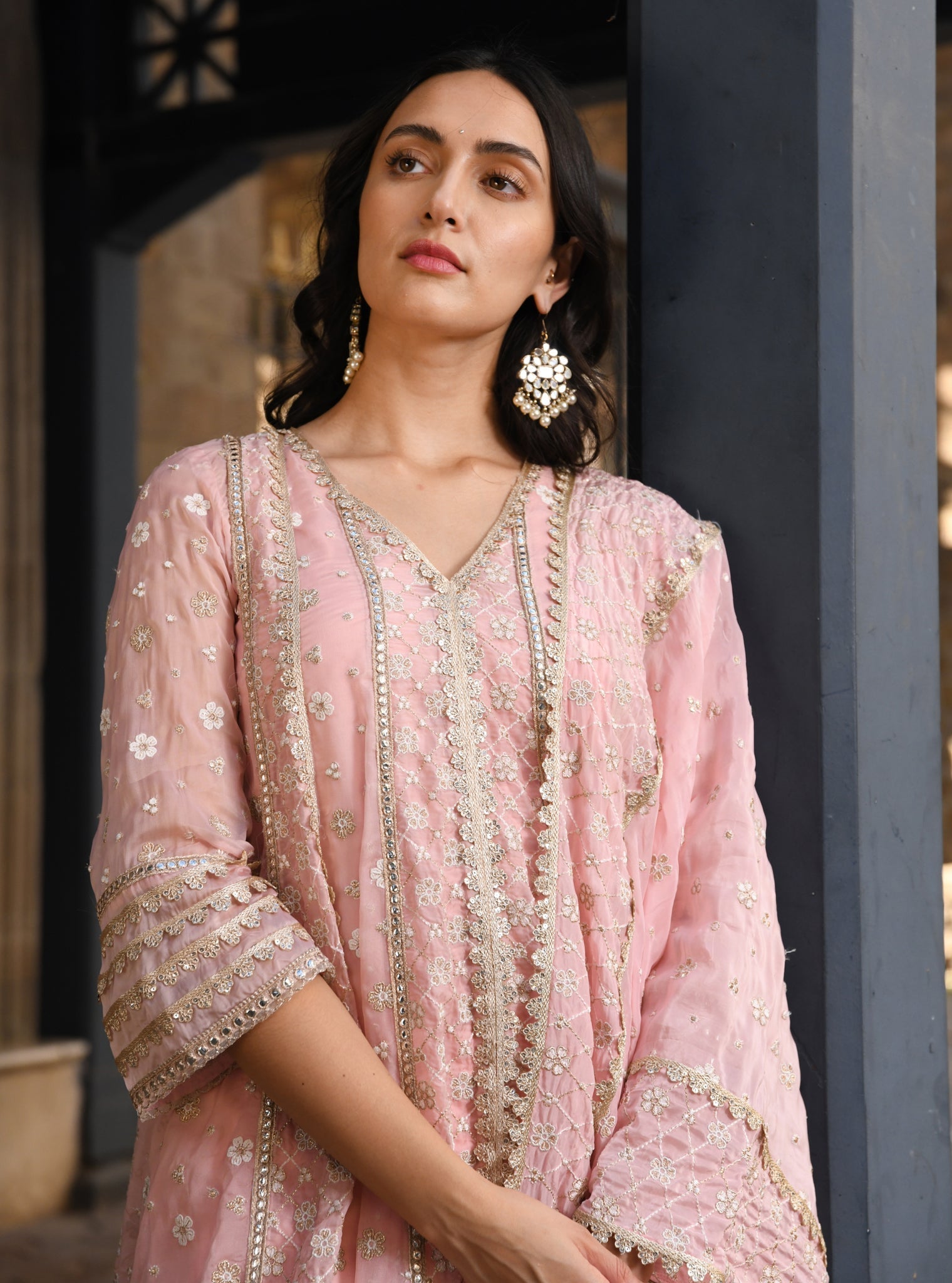 Mulmul Organza Palmer Light Pink Anarkali Kurta With Mulmul Pima Palmer Light Pink Pant