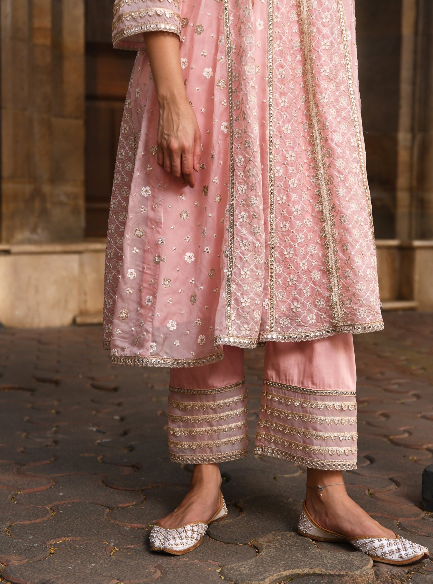 Mulmul Organza Palmer Light Pink Anarkali Kurta With Mulmul Pima Palmer Light Pink Pant