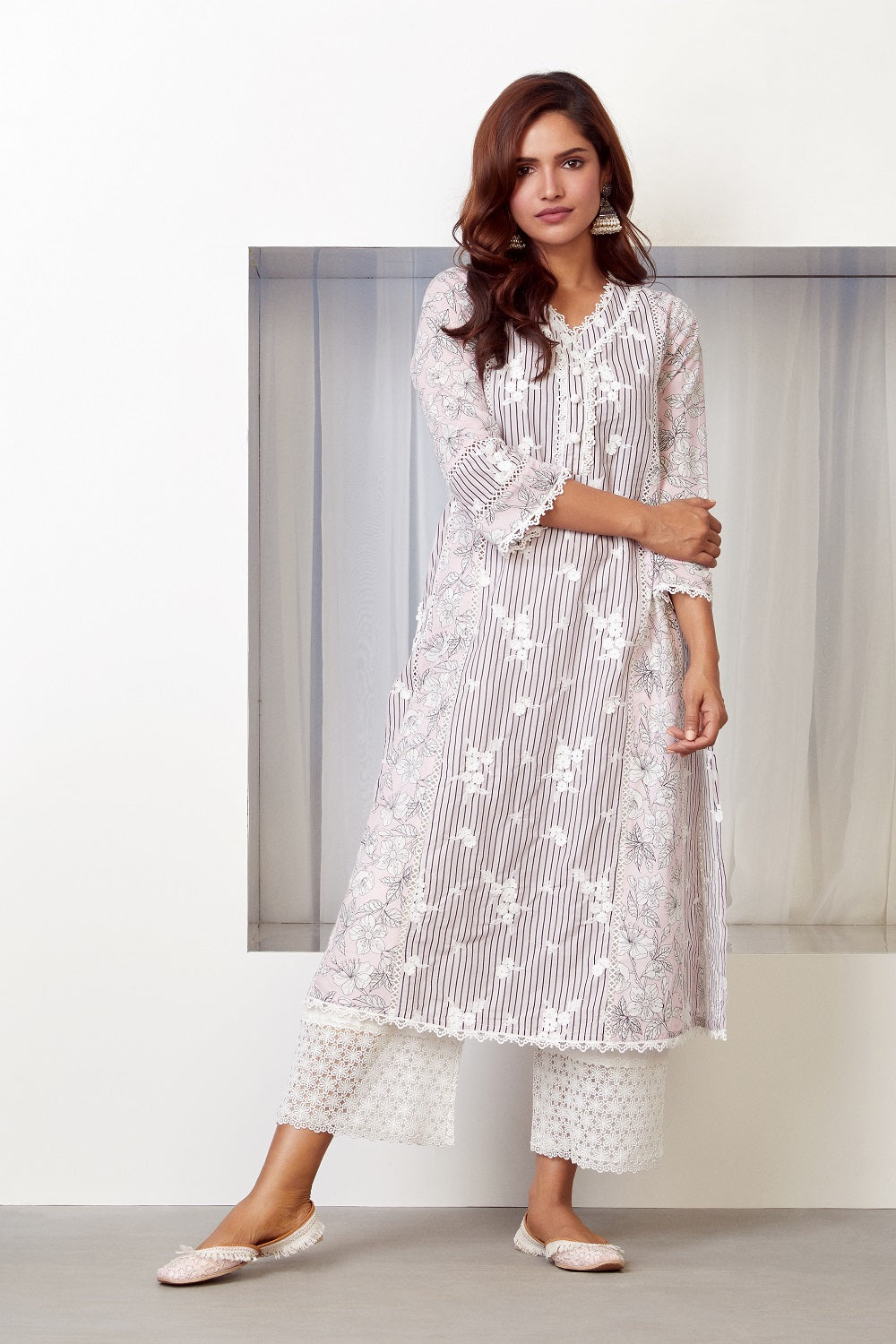 Mulmul Cotton Carnaby Kurta Pink With Lina Palazzo