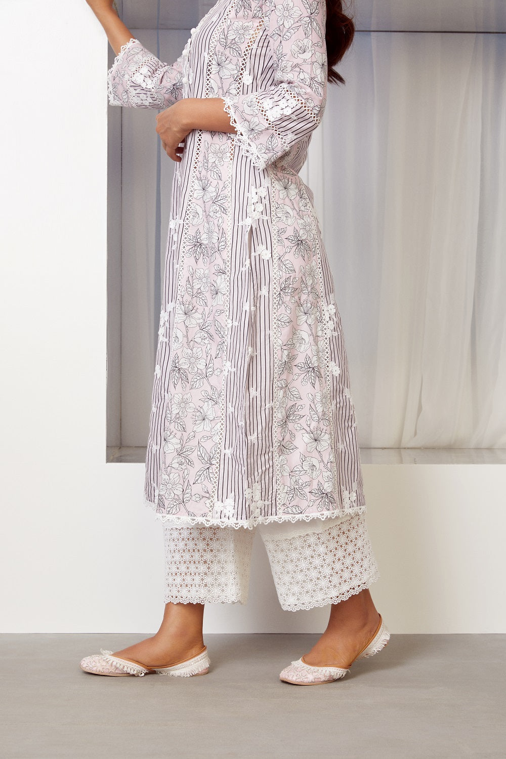 Mulmul Cotton Carnaby Kurta Pink With Lina Palazzo