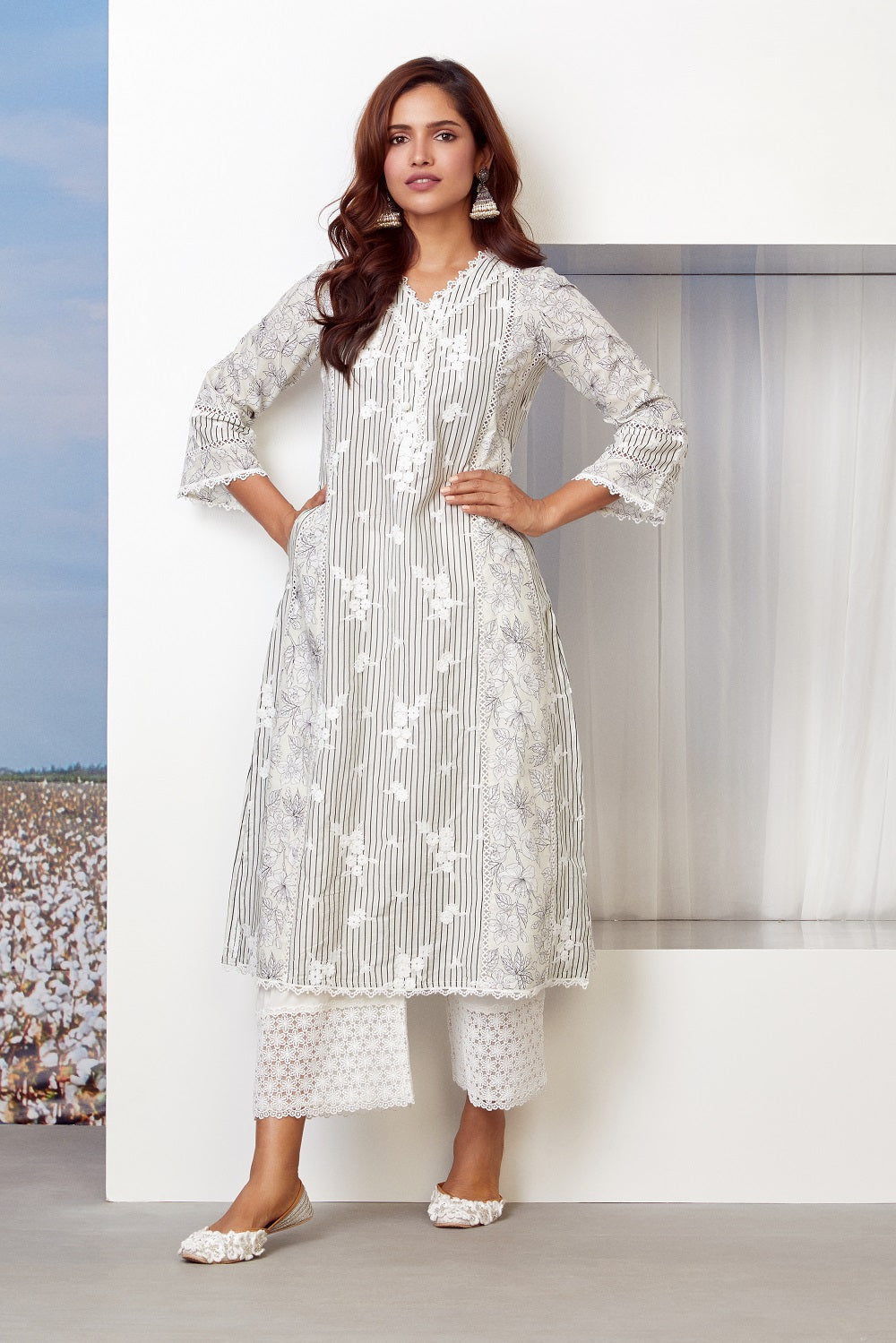 Mulmul Cotton Carnaby Kurta Off White With Lina Palazzo