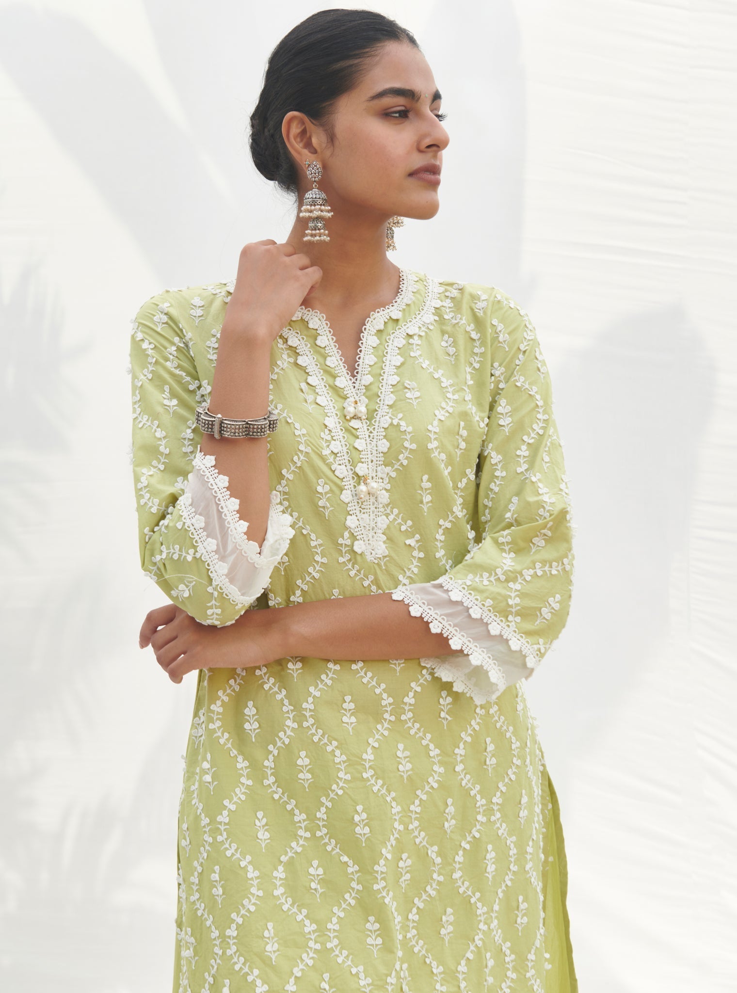 Mulmul Cotton Maneri Lime Kurta With Mulmul Cotton Emb Rounded Hem White Pant