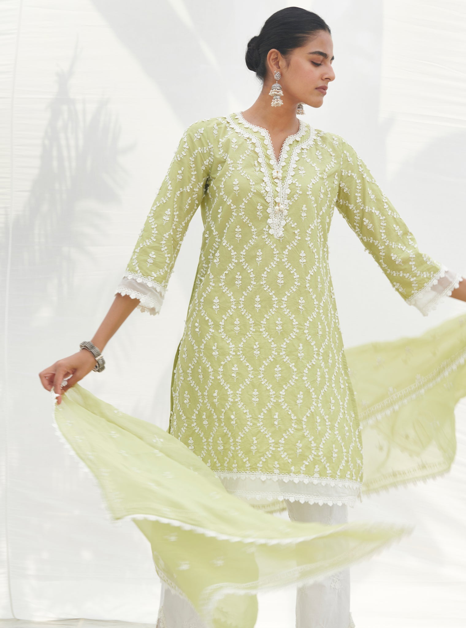 Mulmul Cotton Maneri Lime kurta