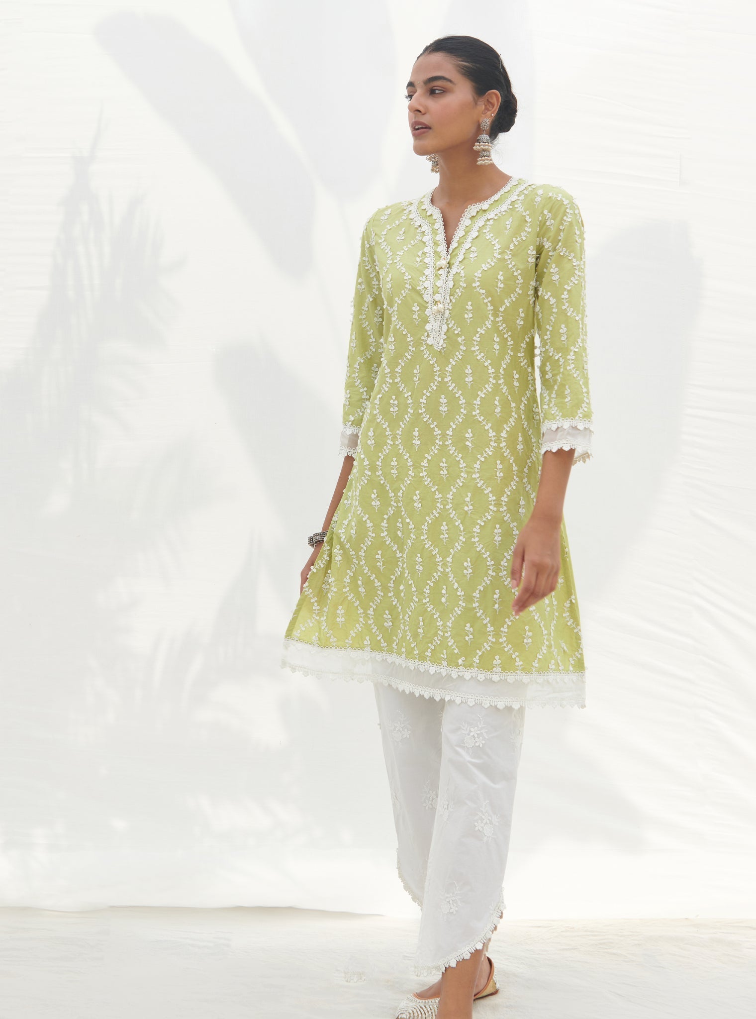 Mulmul Cotton Maneri Lime kurta