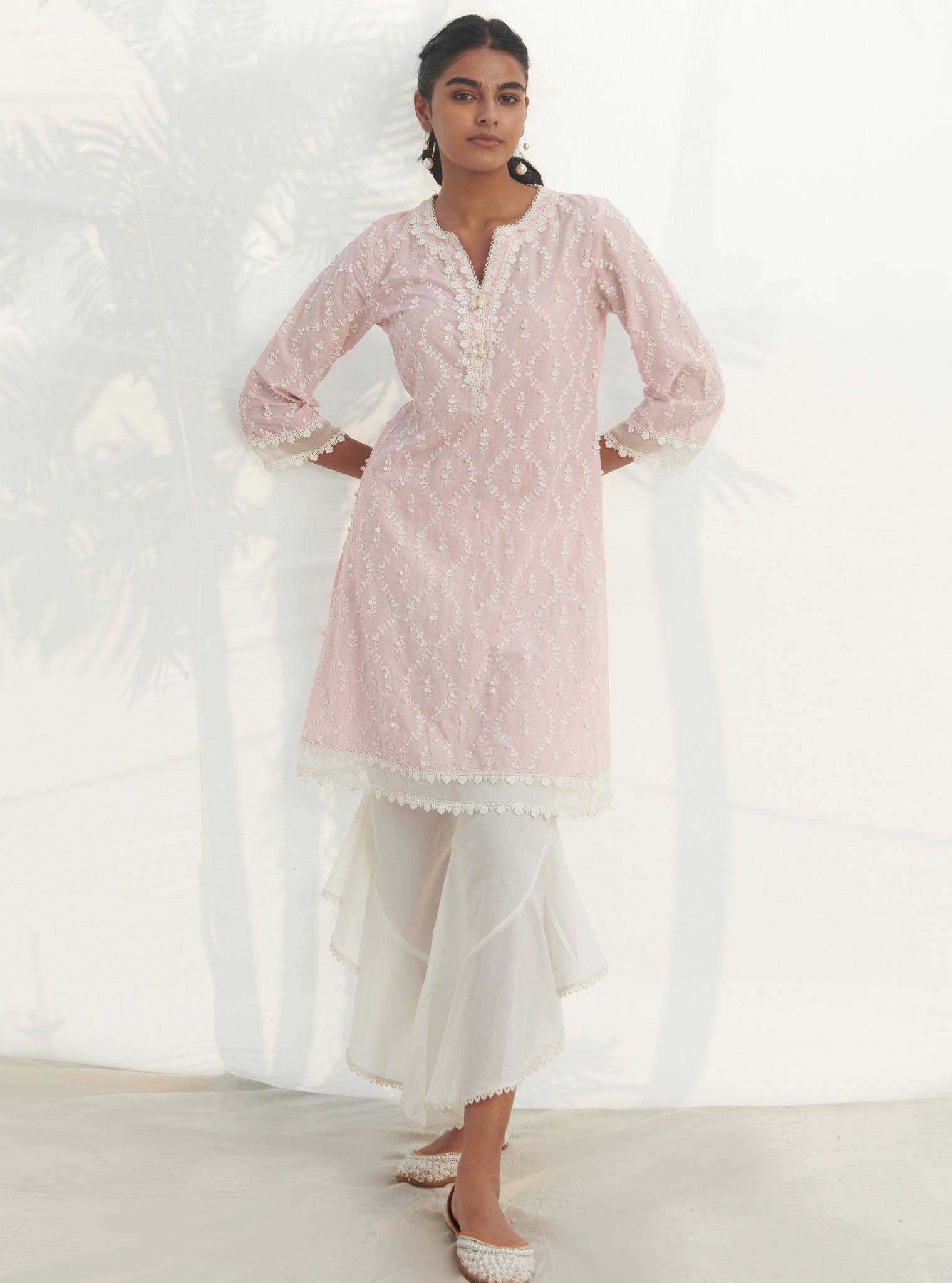 Mulmul Cotton Maneri Pink Kurta With Mulmul Cotton Ruffle White Pant