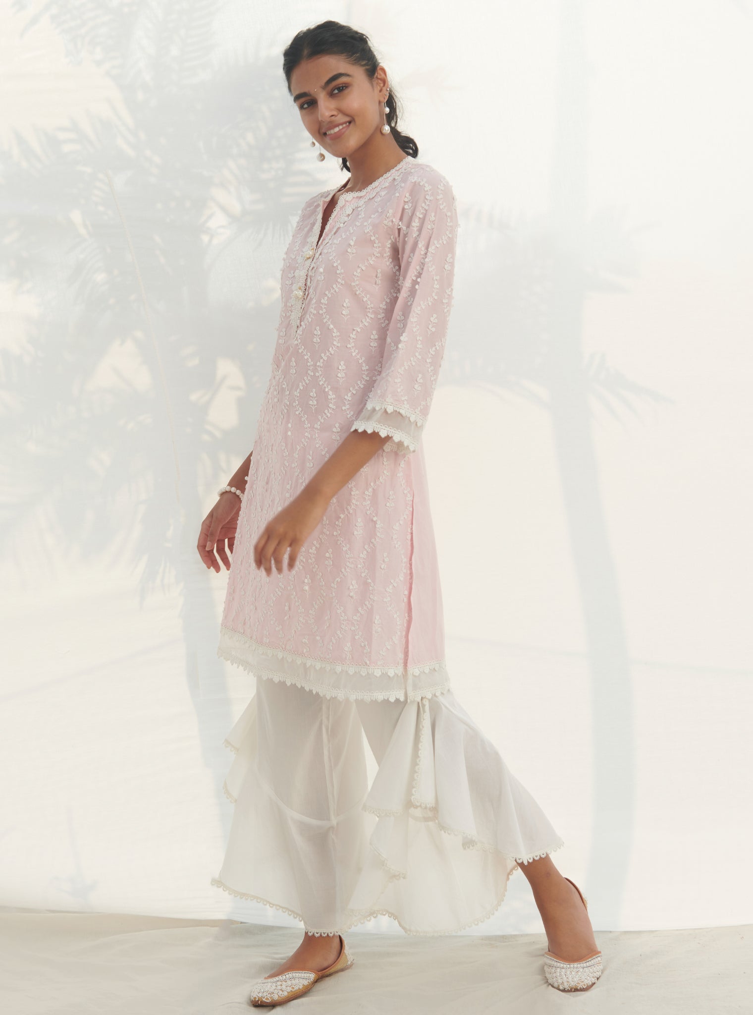 Mulmul Cotton Maneri Pink Kurta With Mulmul Cotton Ruffle White Pant