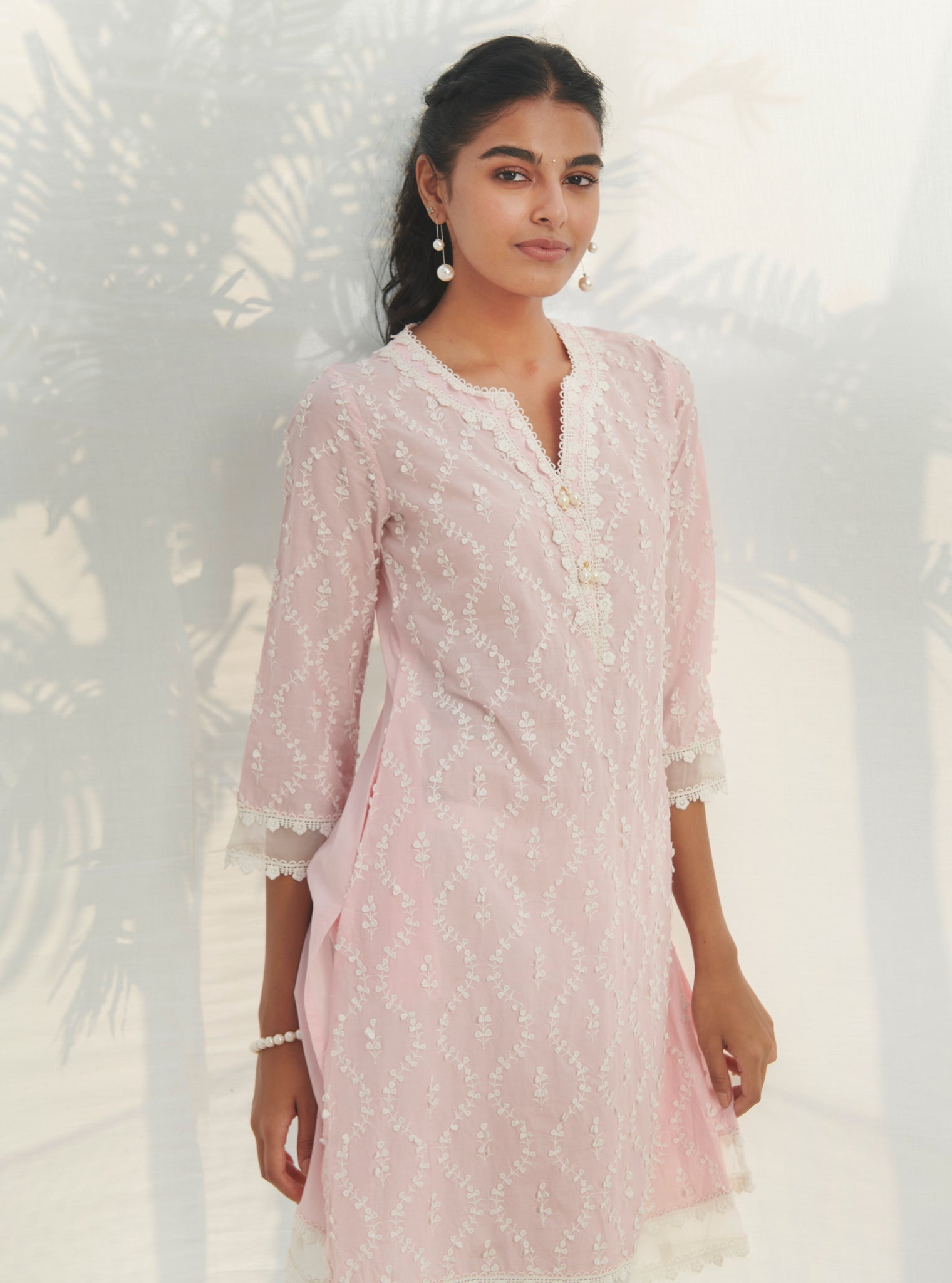 Mulmul Cotton Maneri Pink Kurta With Mulmul Cotton Ruffle White Pant