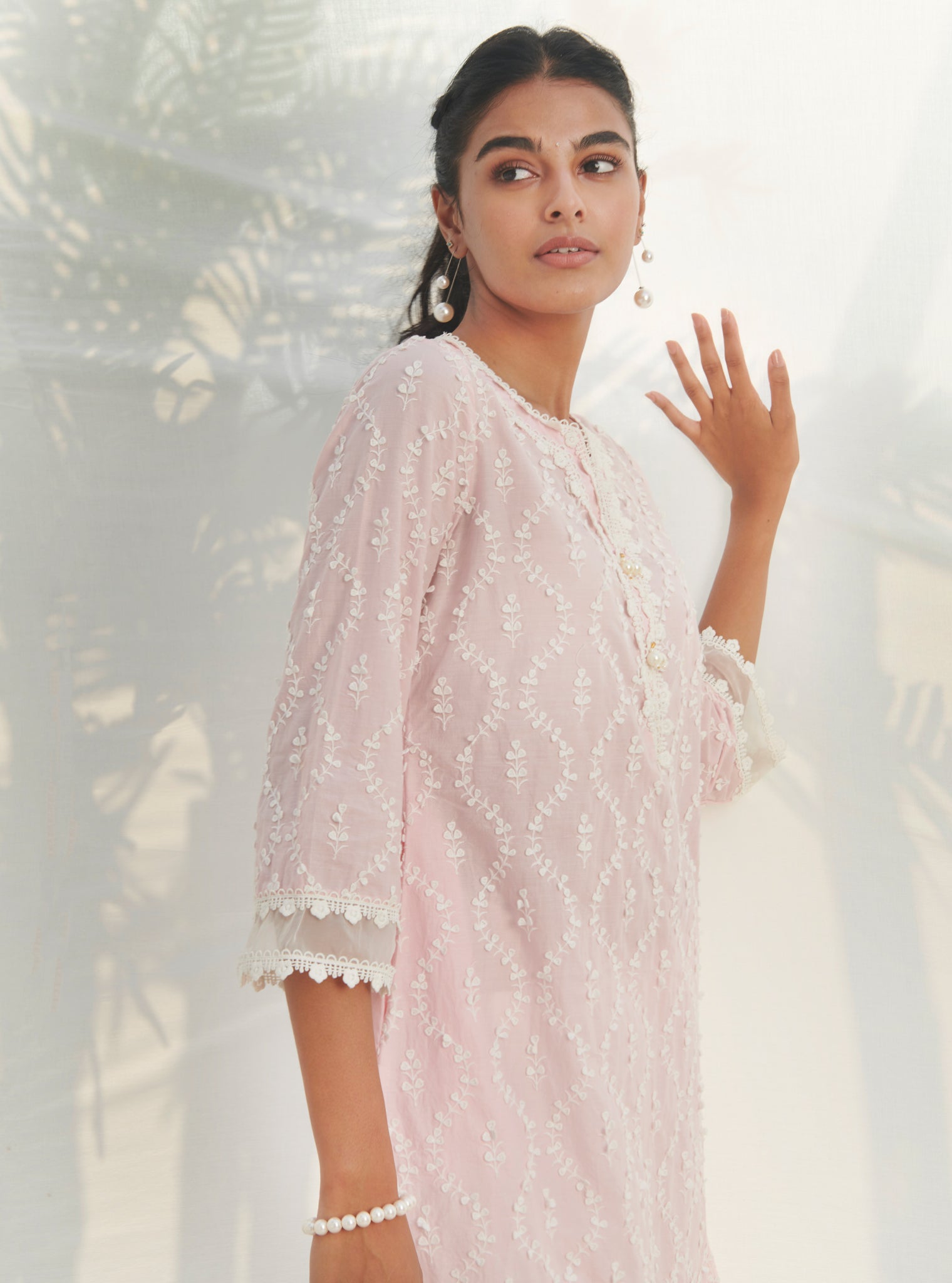 Mulmul Cotton Maneri Pink Kurta With Mulmul Cotton Ruffle White Pant