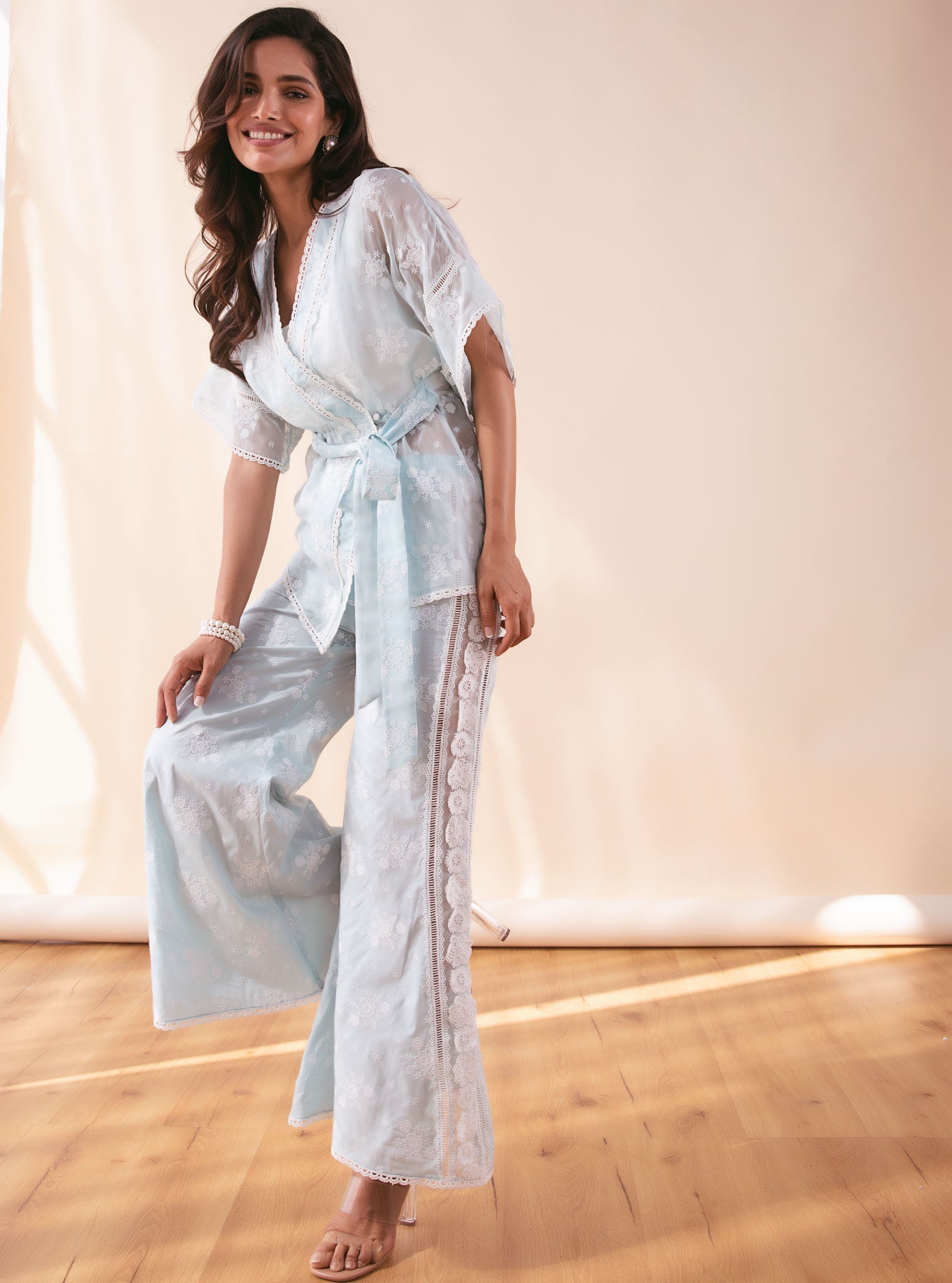 Mulmul Organza Mila Blue Kimono With Cotton Mila Blue Pant