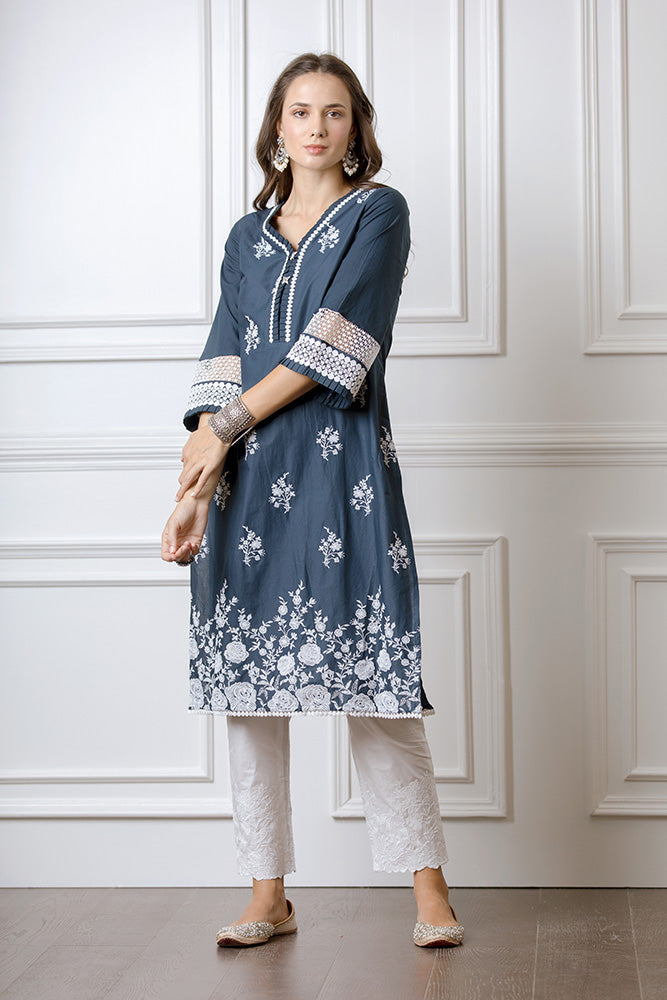 Mulmul Amber Navy Kurta With Floral Embroidered Pyajamas