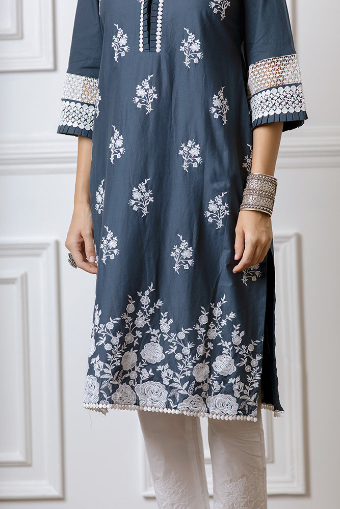 Mulmul Amber Navy Kurta With Floral Embroidered Pyajamas