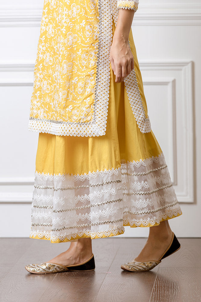 Mulmul Flora Mango Kurta With Gota Skirt