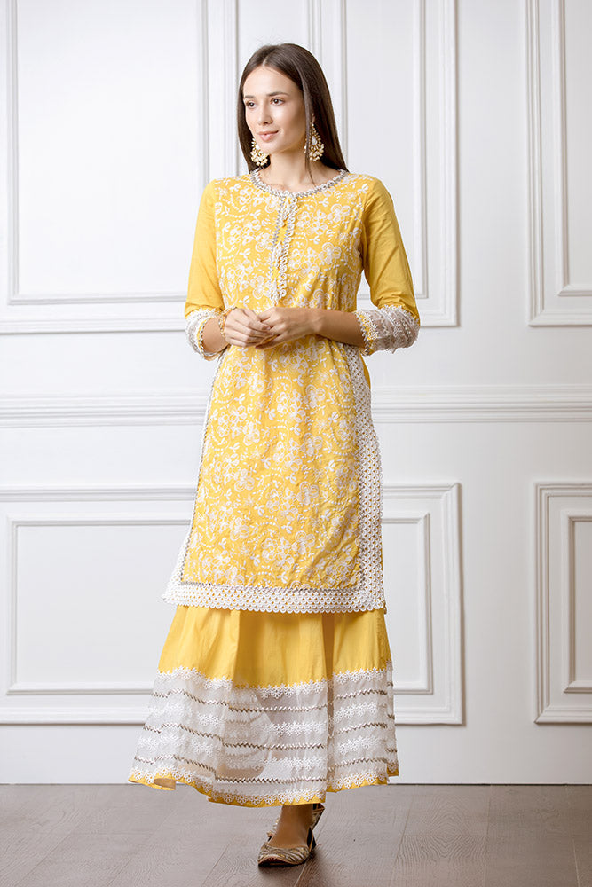 Mulmul Flora Mango Kurta With Gota Skirt