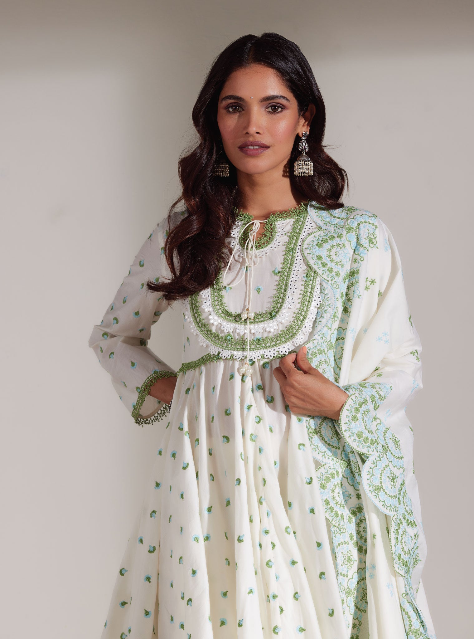 Mulmul Cotton Nadine White Anarkali Kurta With Mirror Gota White Pant