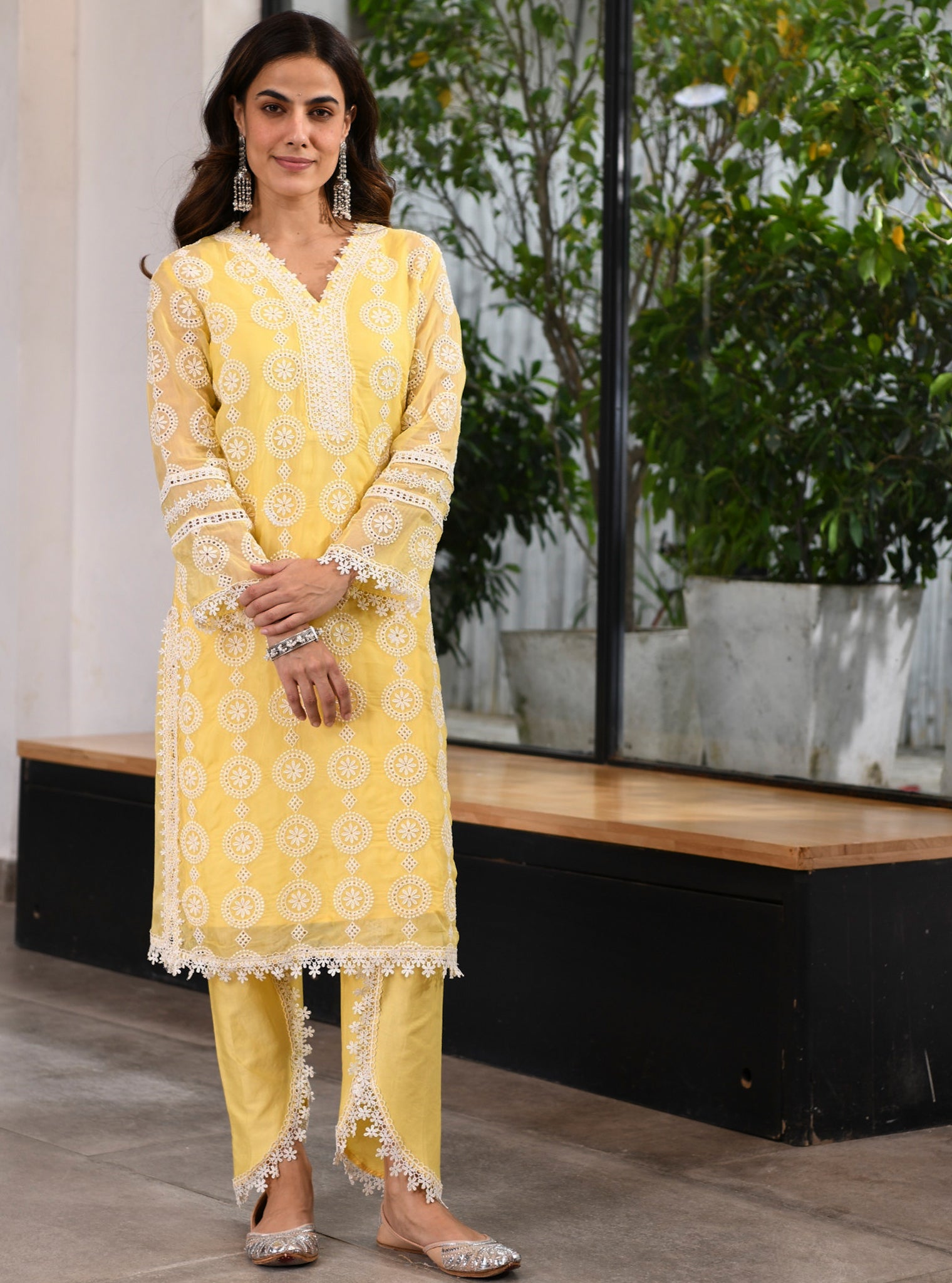 Mulmul Organza Nelli Yellow Kurta With Mulmul Cotton Nelli Yellow Pant