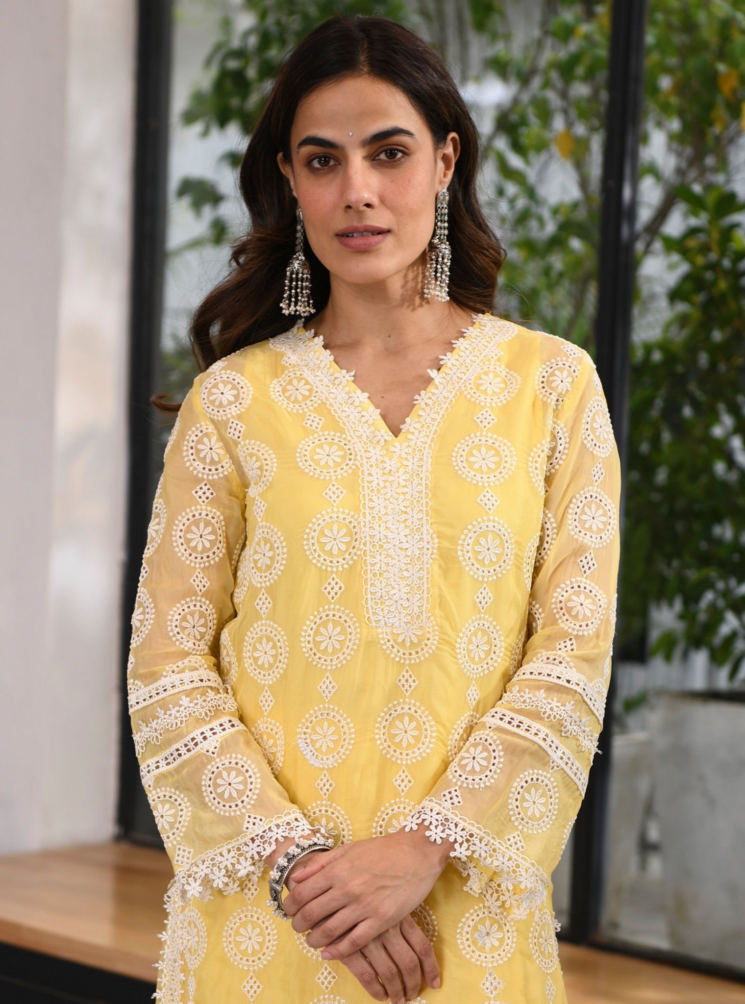 Mulmul Organza Nelli Yellow Kurta With Mulmul Cotton Nelli Yellow Pant