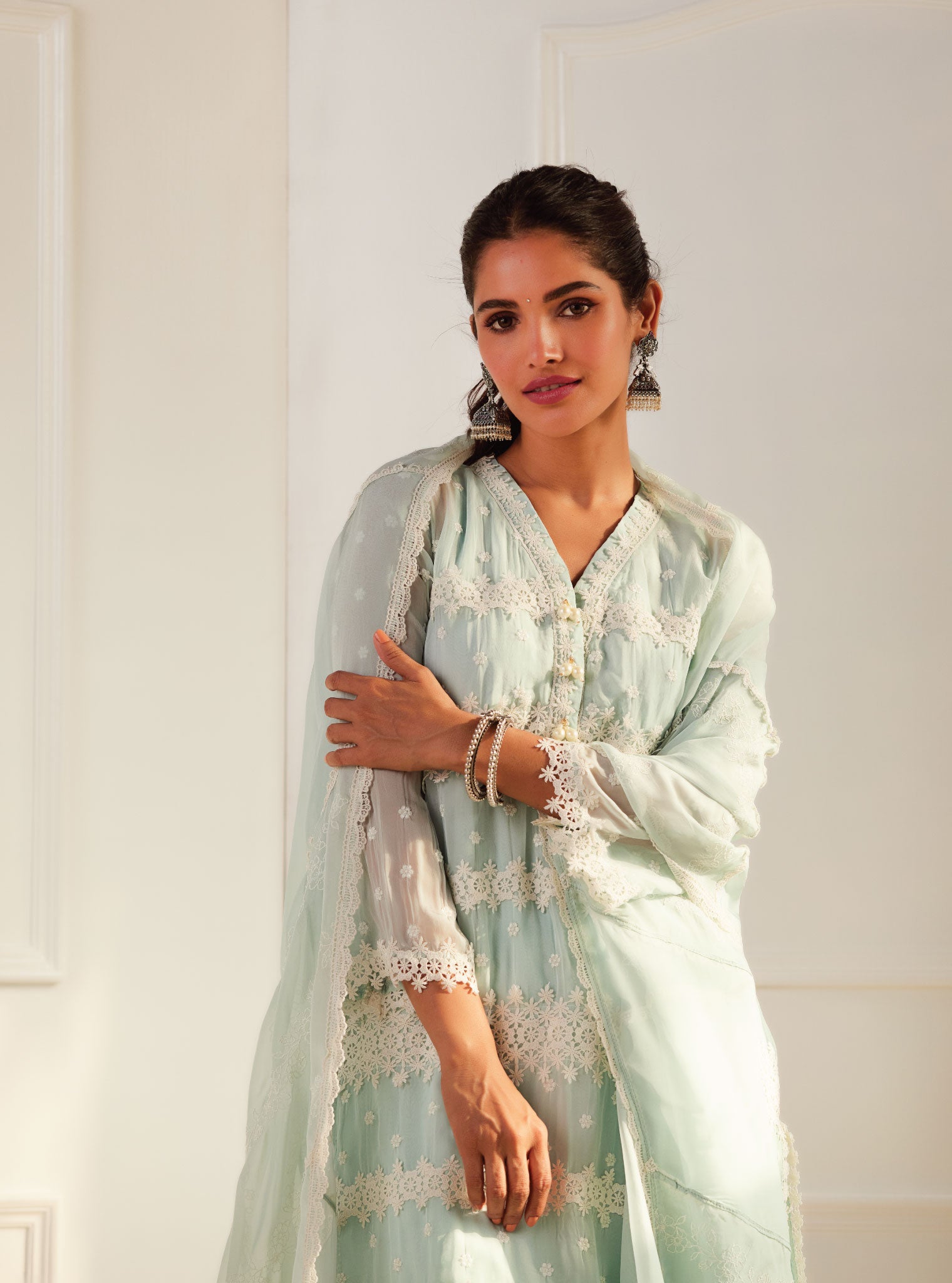 Mulmul Organza Nessa Light Blue Kurta With Mulmul Cotton Nessa Light Blue Pant