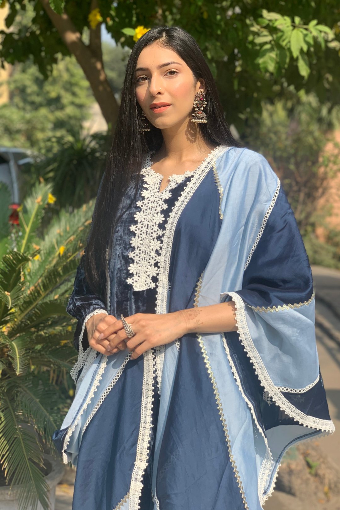 Makhmal Olive Kurta With Birch Blue Pyajama