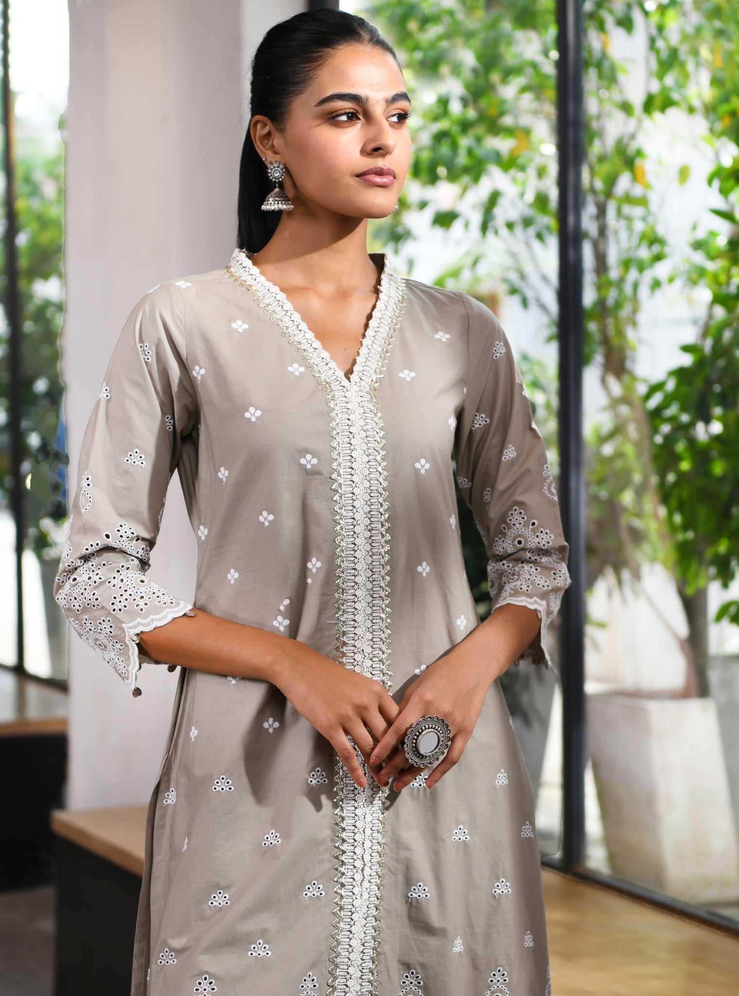 Mulmul Cotton Ophelia Grey kurta With Ophelia Grey Palazzo