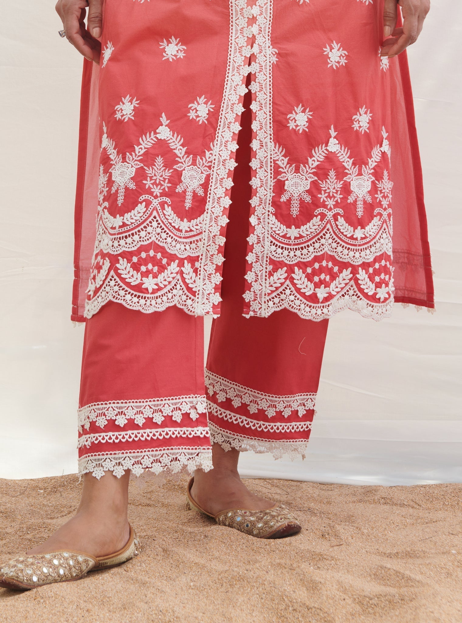 Mulmul Cotton Paliem Red Kurta With Paliem Red Pant