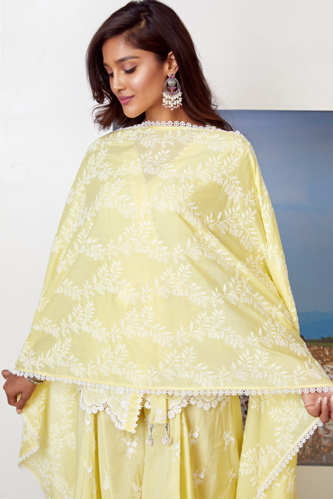 Mulmul Cotton Pearl Star Yellow Kurta With Pearl Star Yellow Sharara