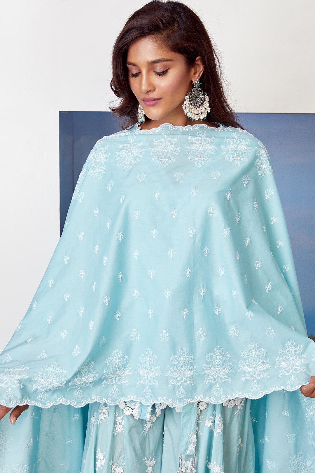 Mulmul Cotton Pearl Star Turquoise Kurta With Pearl Star Turquoise Sharara