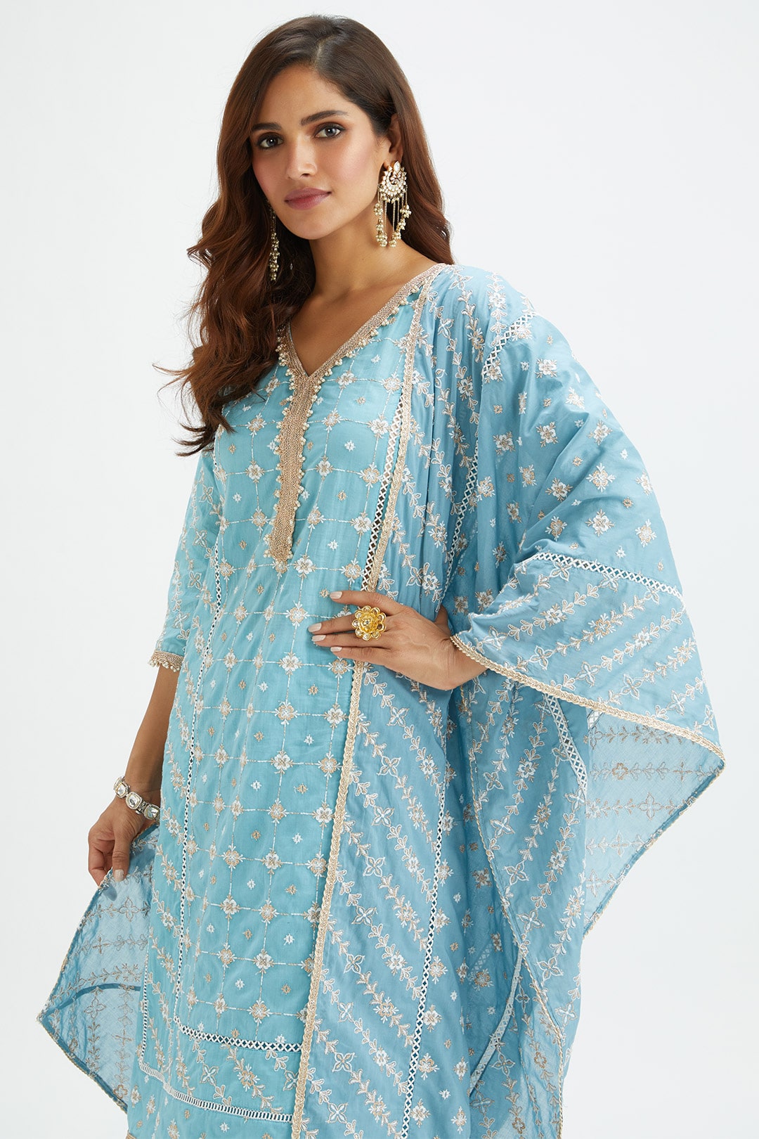 Mulmul Cotton Pelican Blue Kurta With Pelican Blue Pyajama