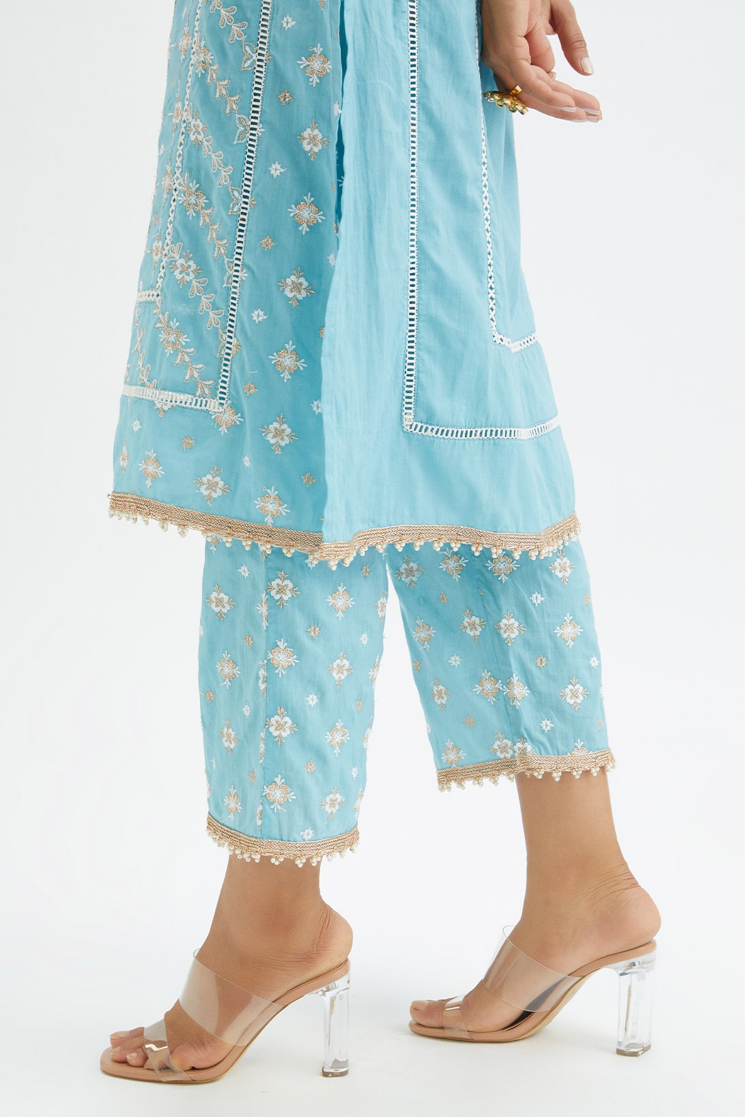 Mulmul Cotton Pelican Blue Kurta With Pelican Blue Pyajama