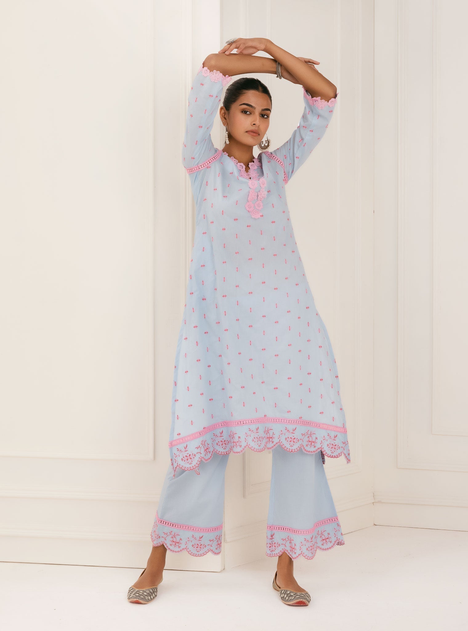 Mulmul Cotton Phey Blue Kurta With Phey Blue Palazzo