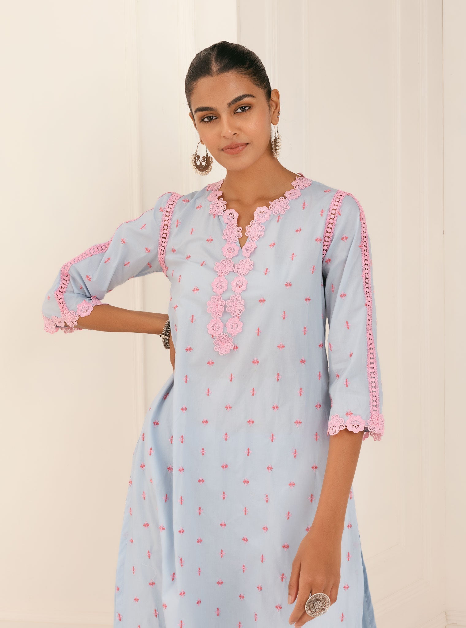 Mulmul Cotton Phey Blue Kurta With Phey Blue Palazzo