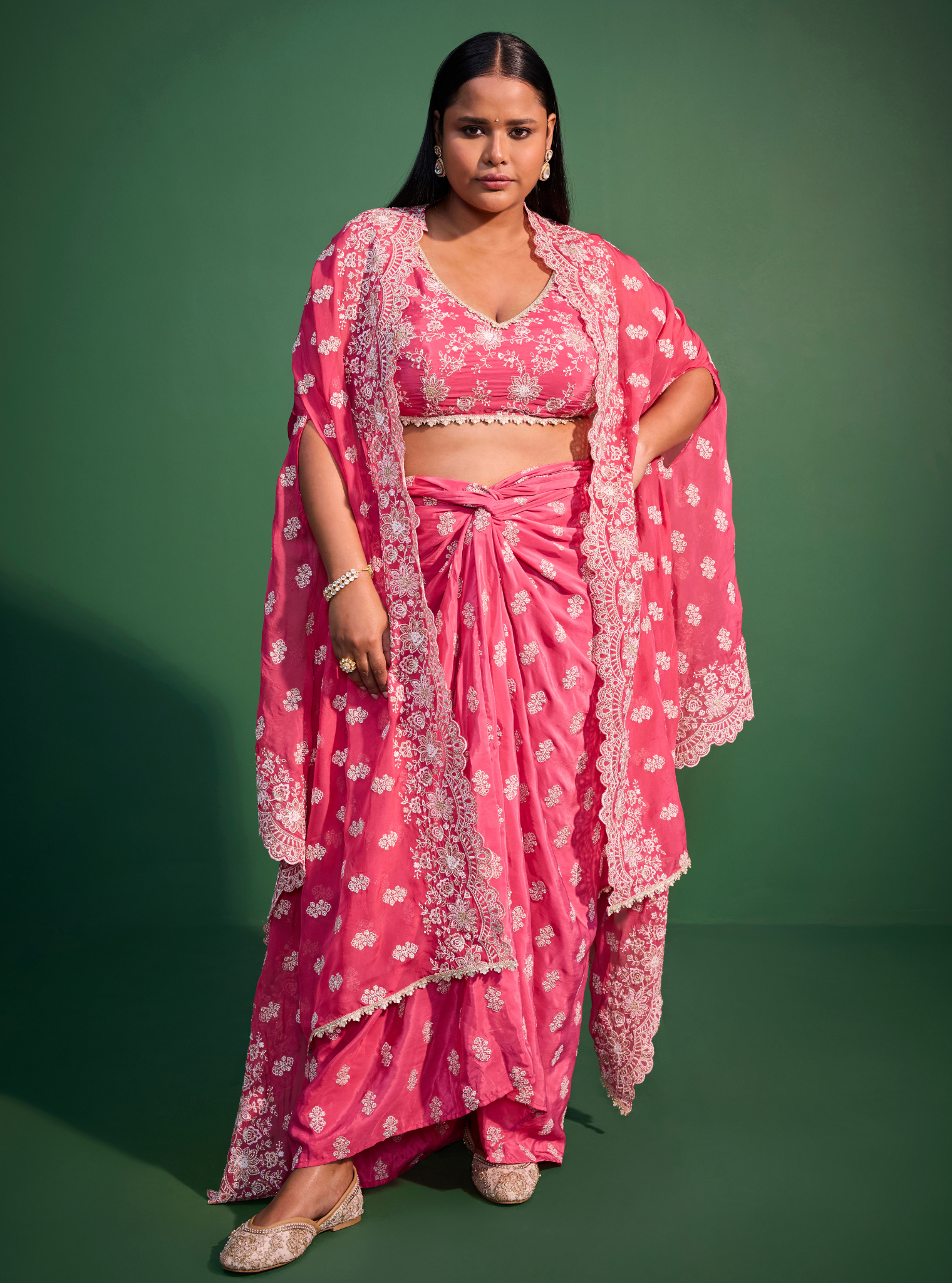 Maya Organza Fuschia Cape Shrug With Skirt