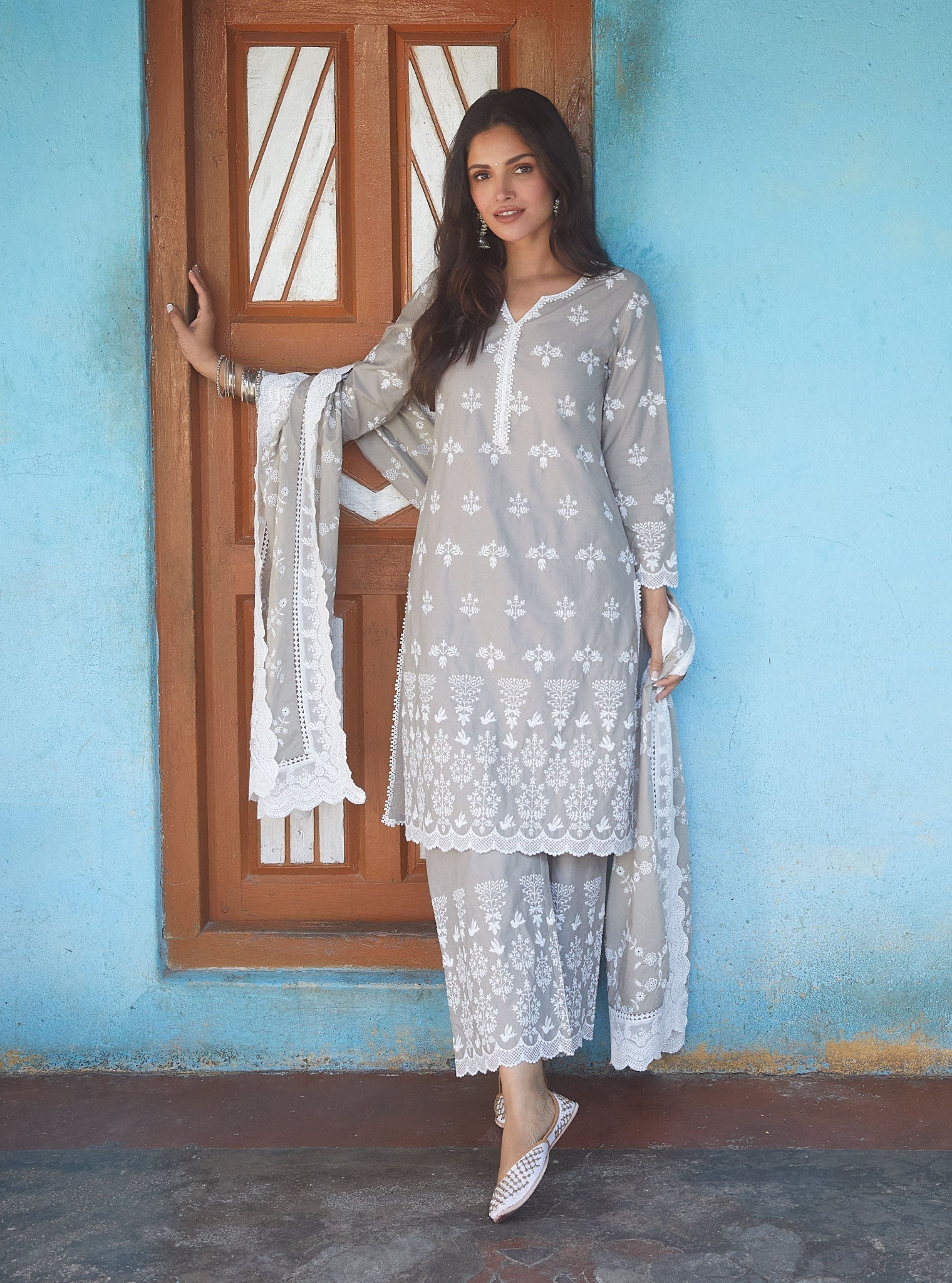 Mulmul Cotton Prini Grey Kurta With Prini Grey Palazzo