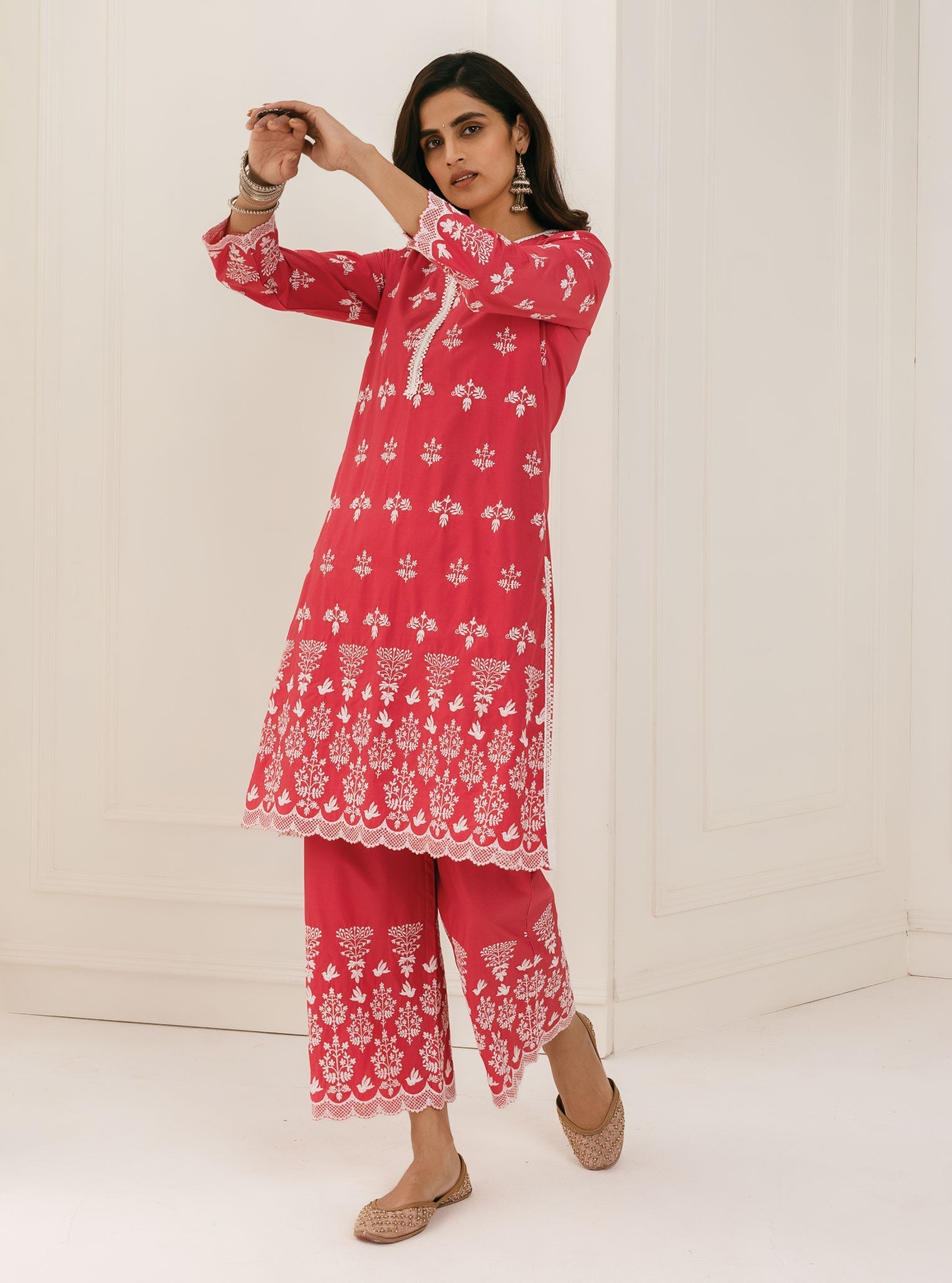 Mulmul Cotton Prini Red Kurta With Prini Red Palazzo