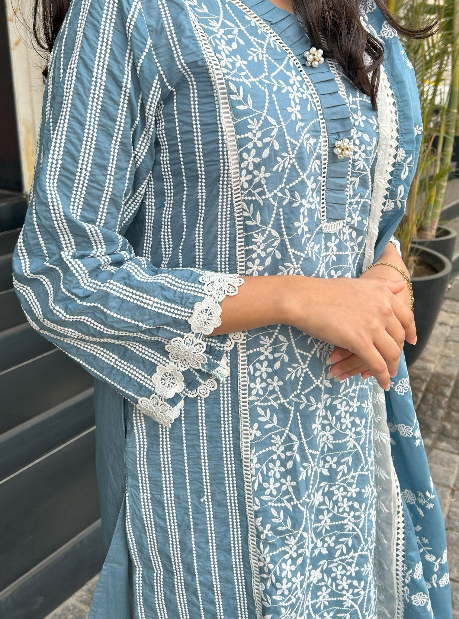 Mulmul Cotton Malani Denim Kurta With Mulmul Cotton Diagonal Lace White Pant