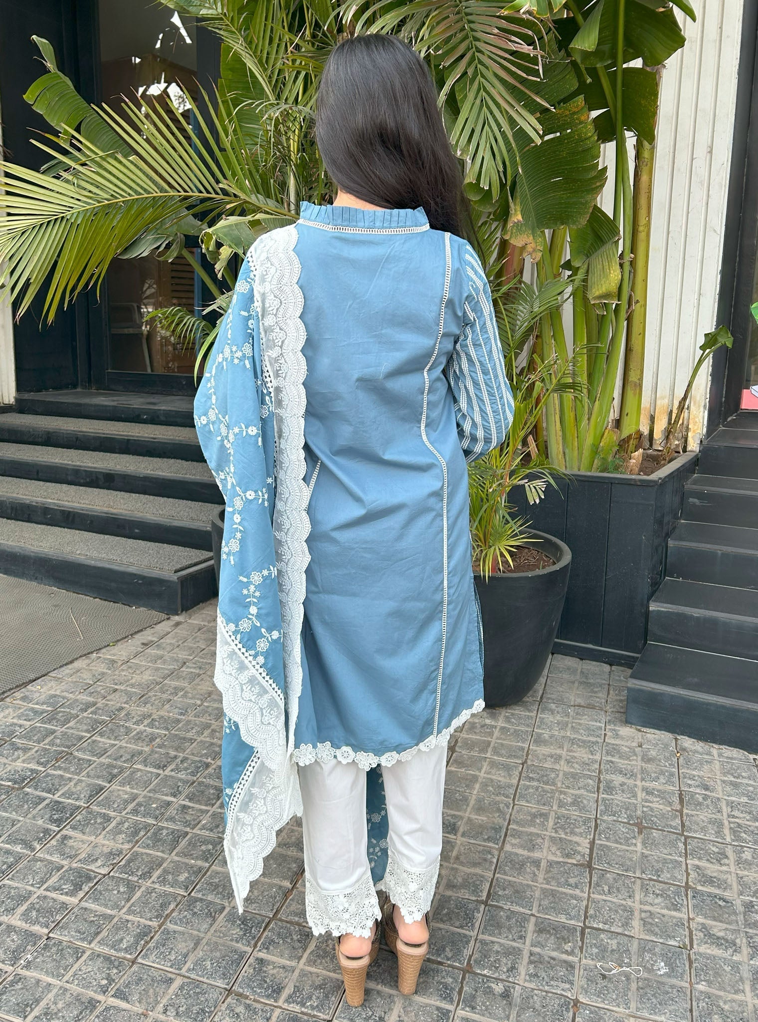 Mulmul Cotton Malani Denim Kurta With Mulmul Cotton Diagonal Lace White Pant