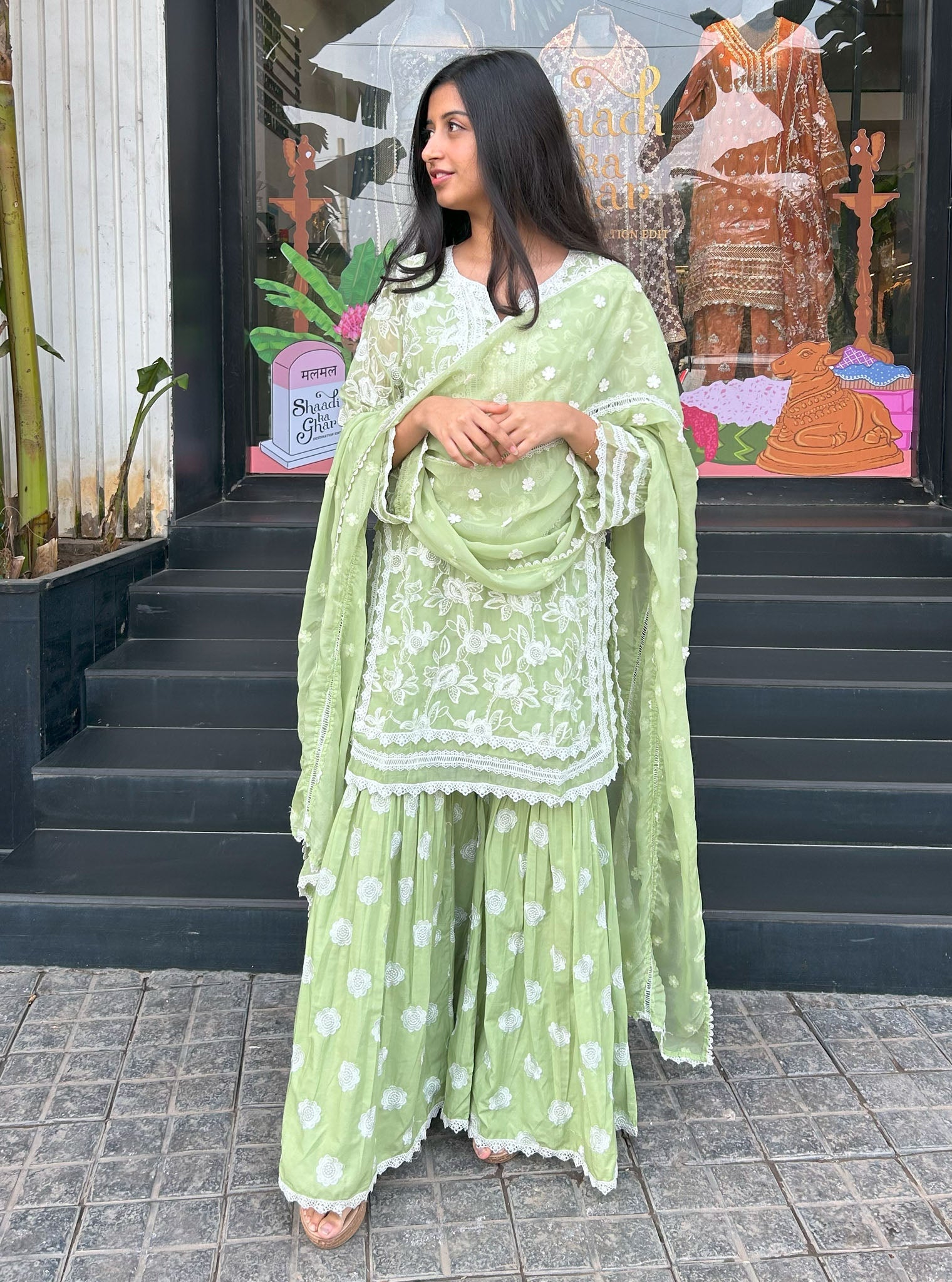 Mulmul Cotton Lyella Green Kurta with Mulmul Cotton Lyella Green Garara