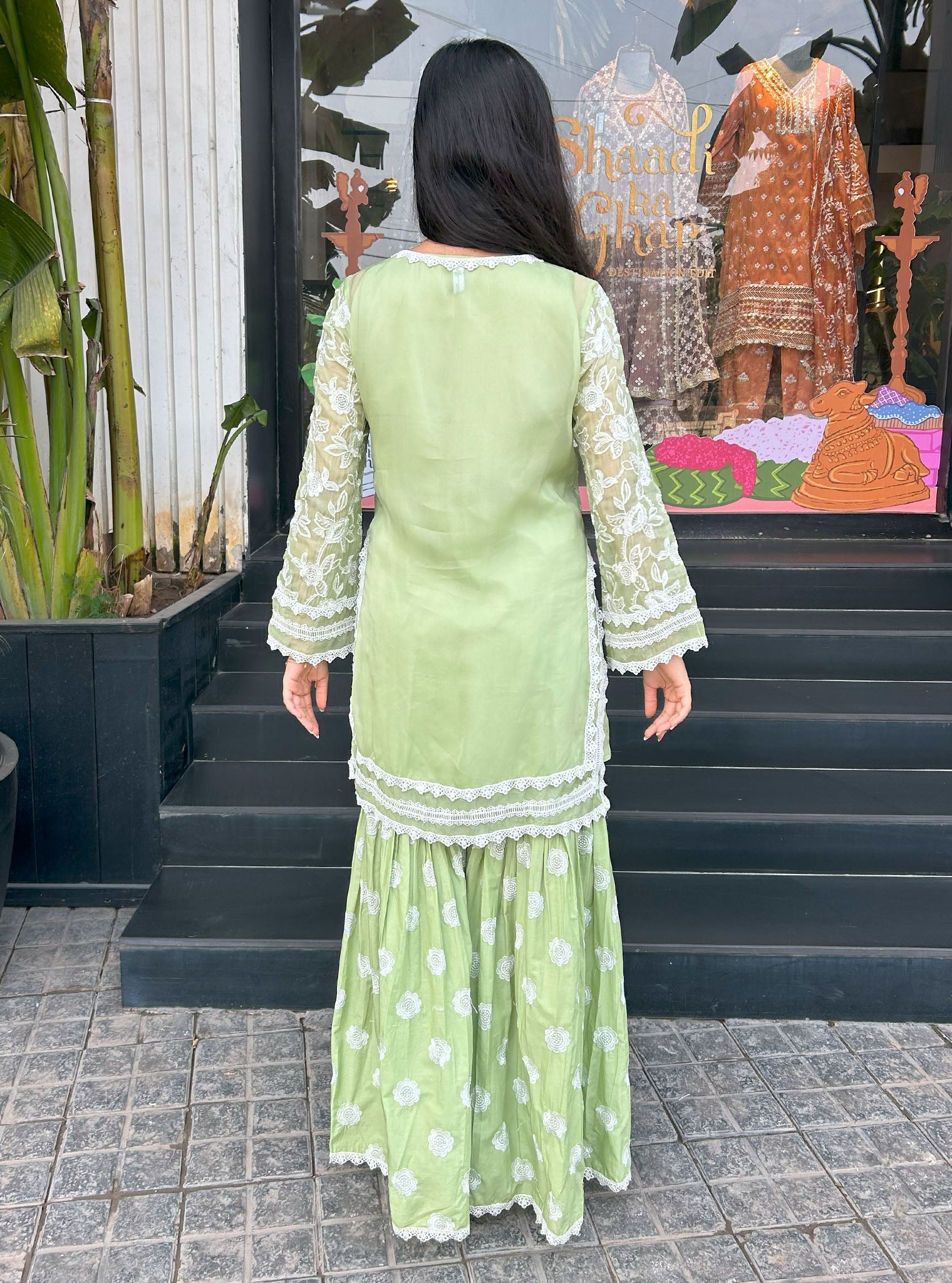 Mulmul Cotton Lyella Green Kurta with Mulmul Cotton Lyella Green Garara