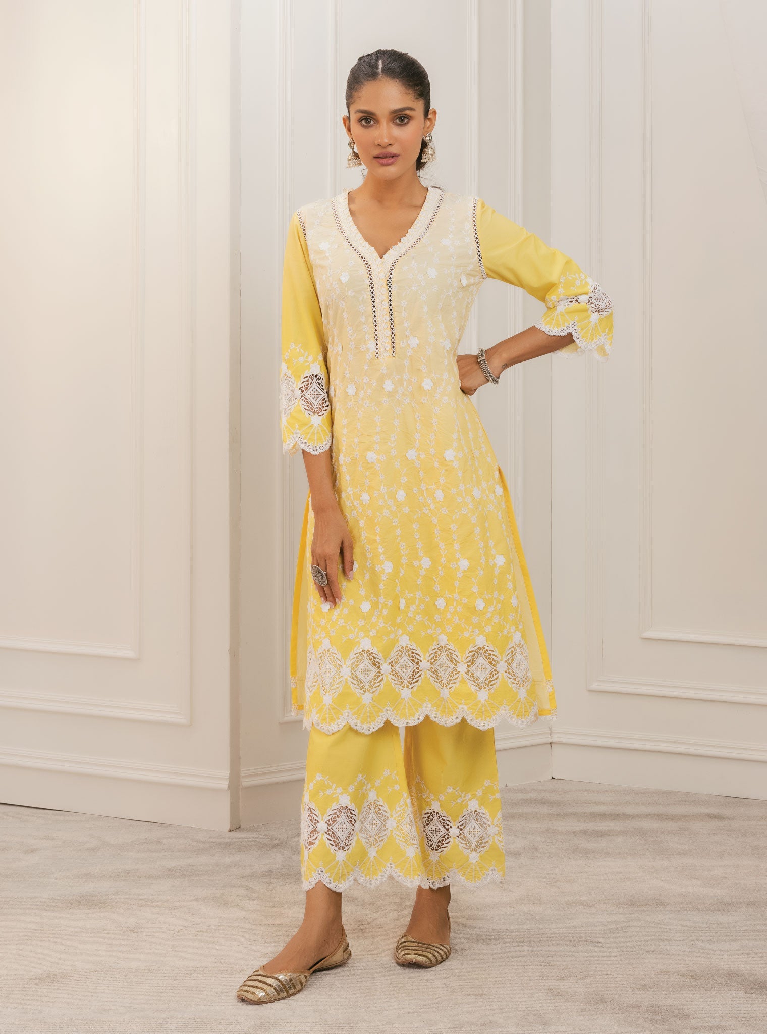 Mulmul Cotton Purna Yellow Kurta With Purna Yellow Palazzo