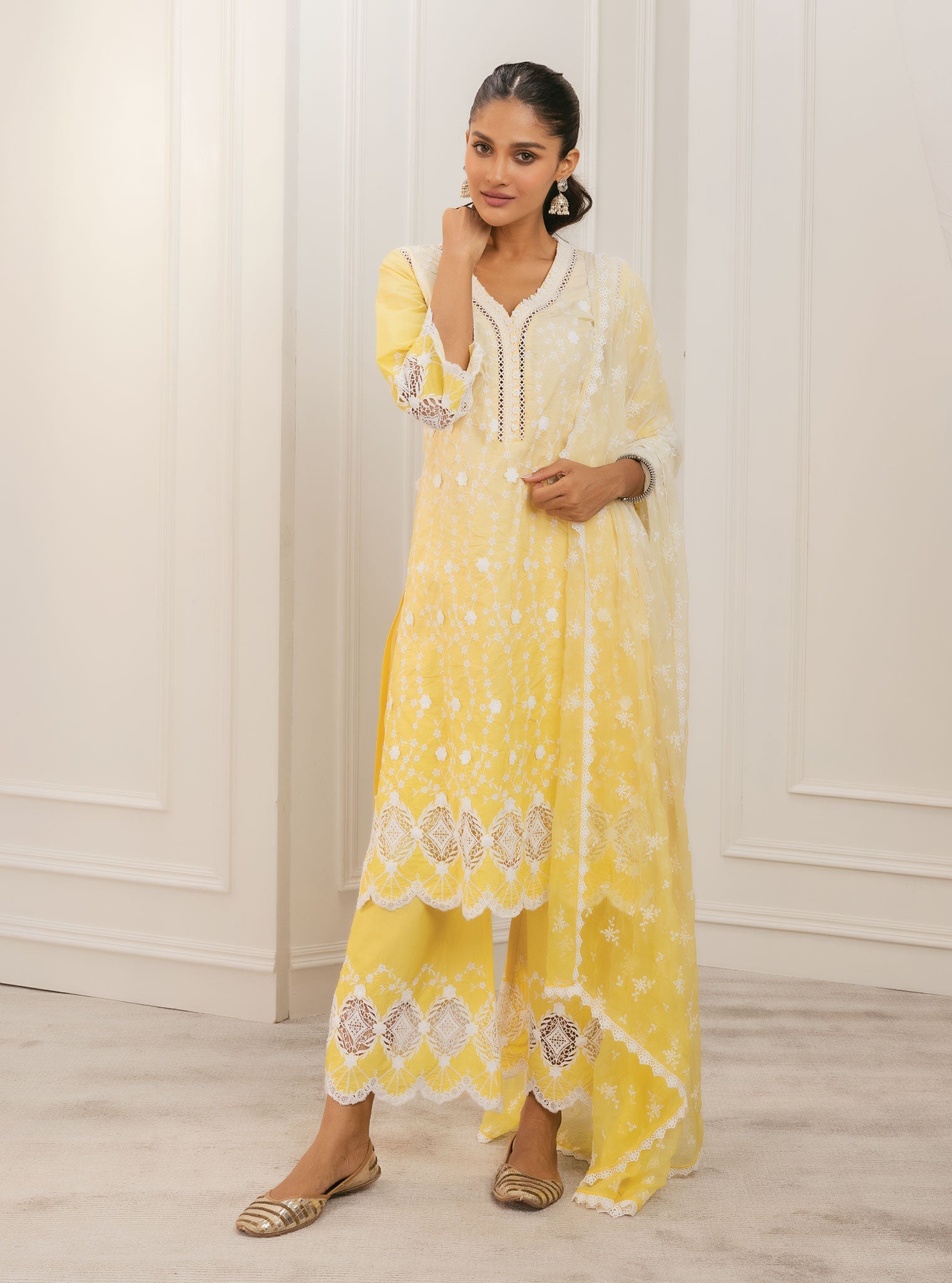 Mulmul Cotton Purna Yellow Kurta With Purna Yellow Palazzo