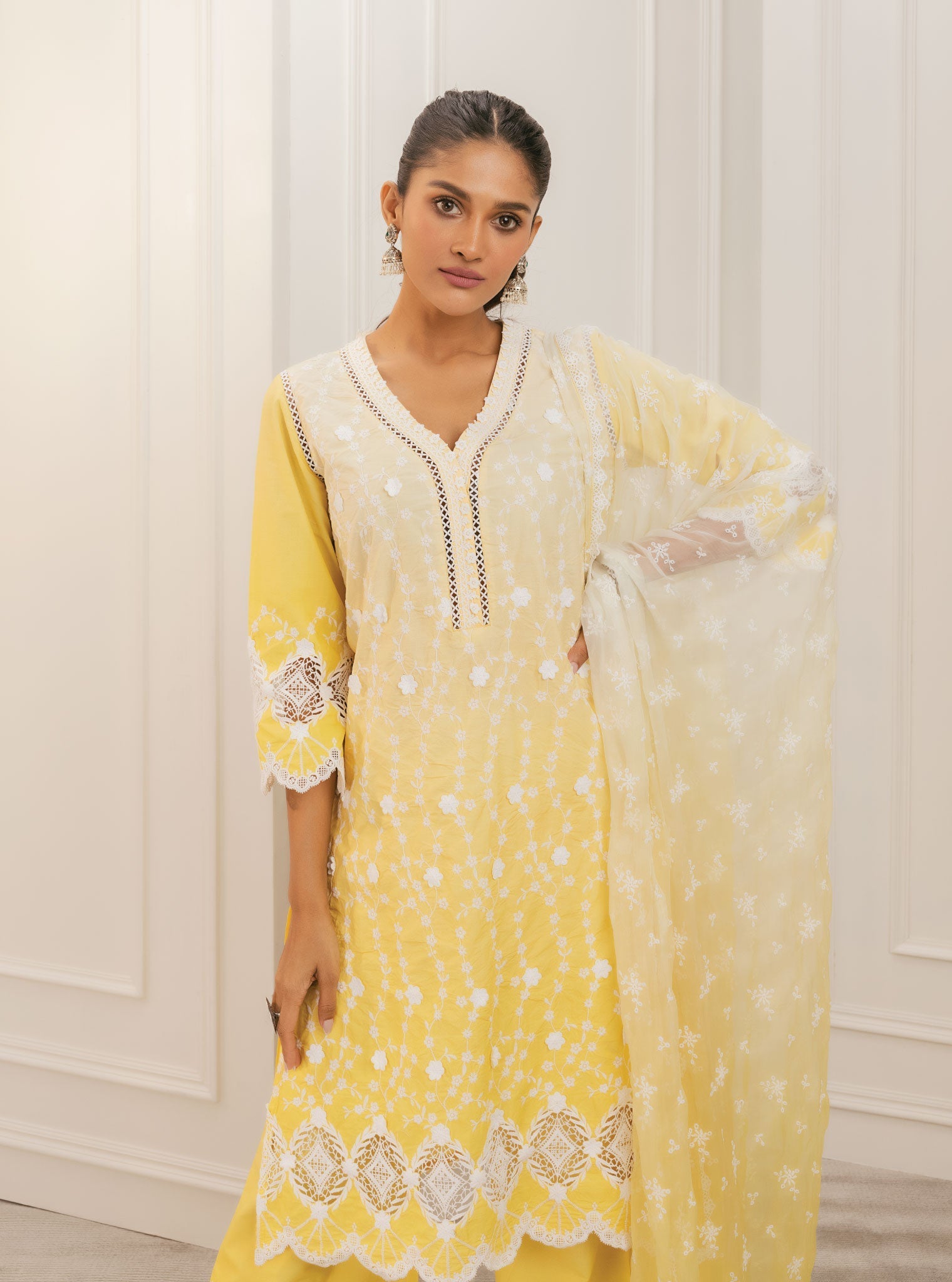 Mulmul Cotton Purna Yellow Kurta With Purna Yellow Palazzo