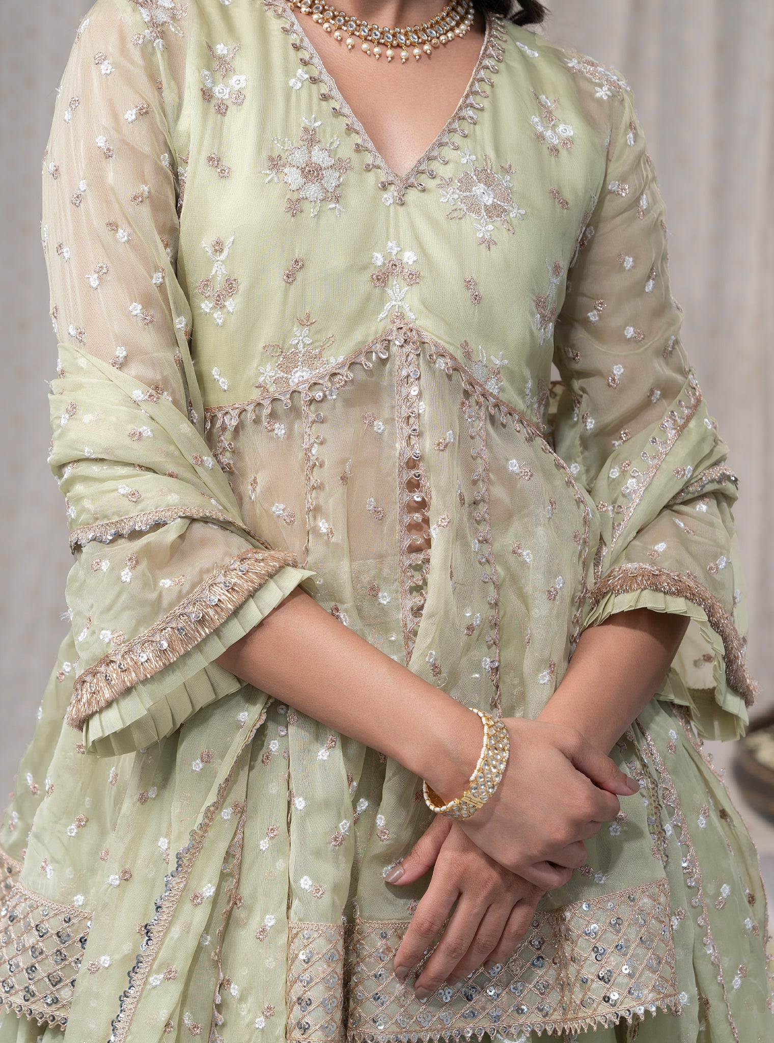 Rajnigandha Organza Short Anarkali Green Kurta with Lehenga Set