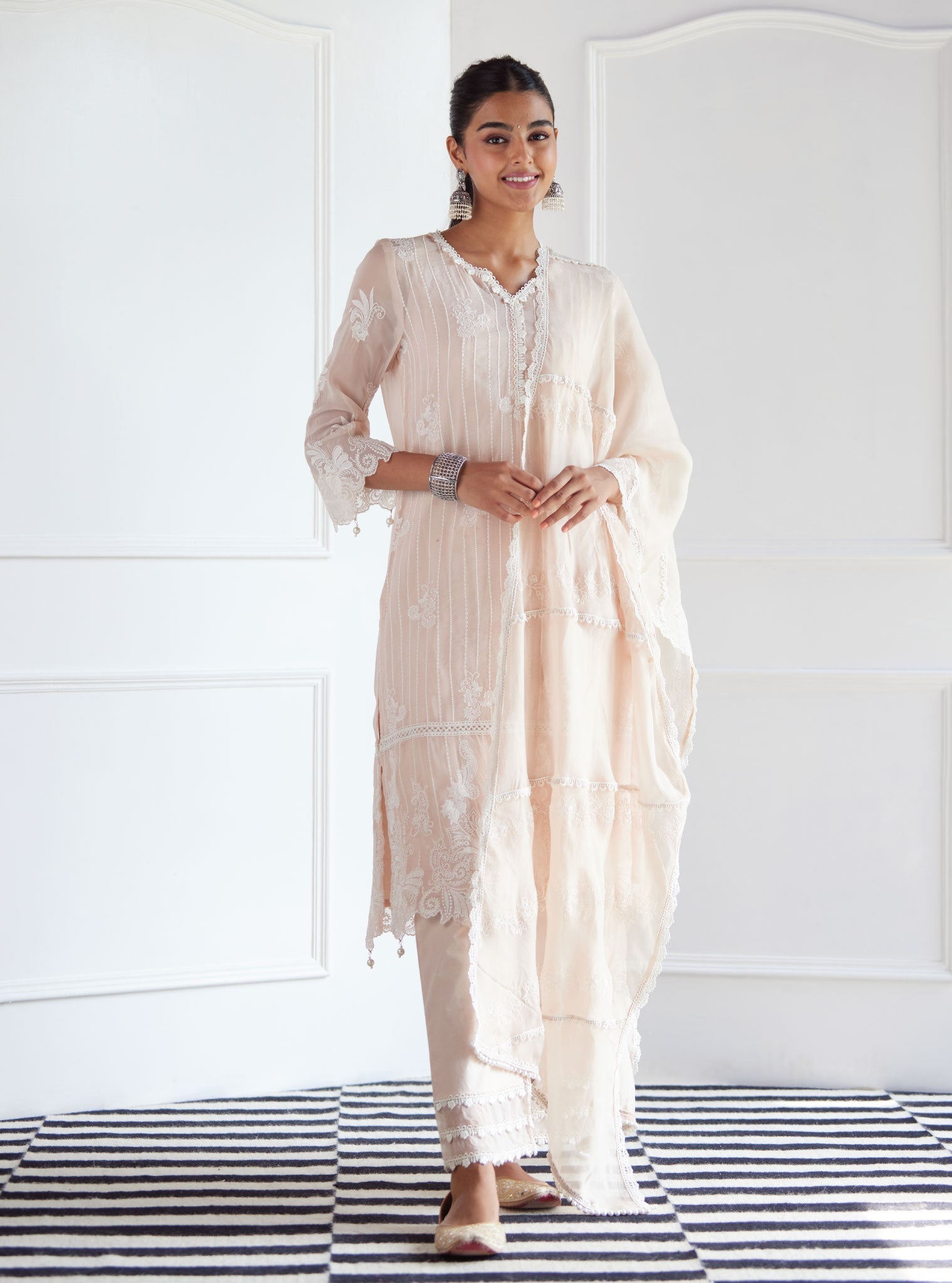 Mulmul Organza Reece Beige Kurta With Mulmul Cotton Reece Beige Pant