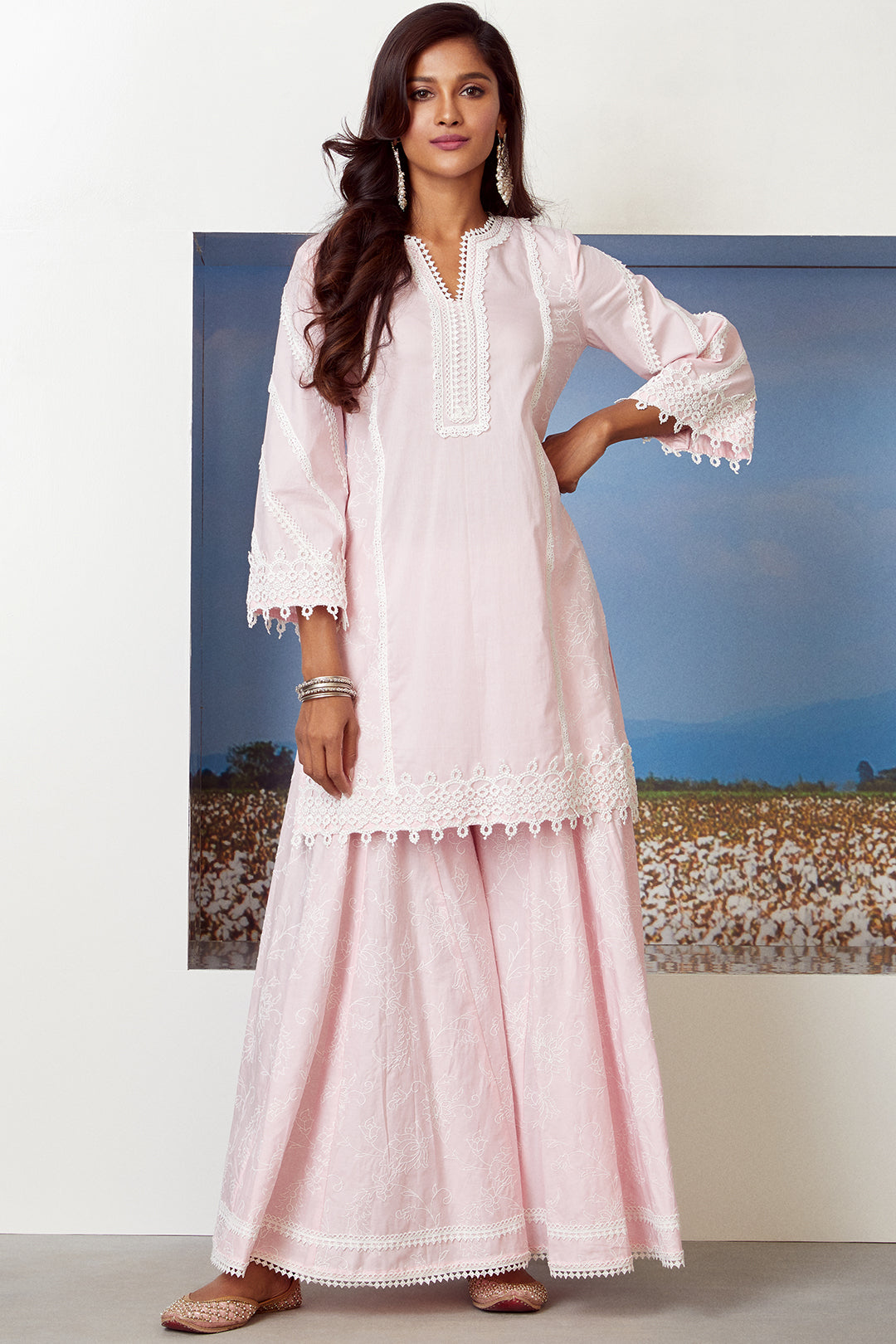 Mulmul Cotton Reverie Pink Kurta With Reverie Pink Sharara